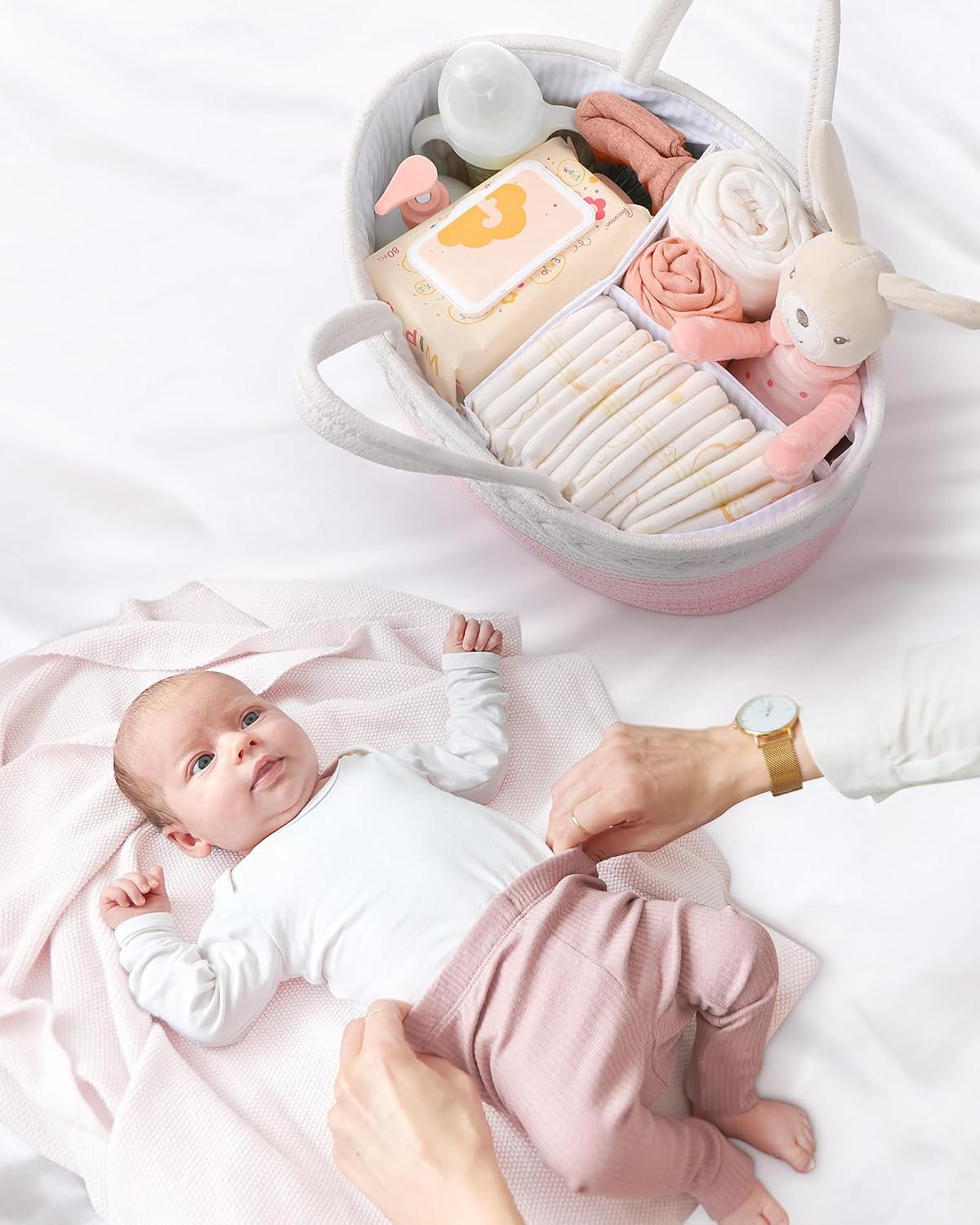 Maliton Diaper Caddy for Baby Girl-Cotton Rope Diaper Caddy, Diaper Organizer for Changing Table, Portable Baby Basket for Storage Baby Stuff, Newborn boy girl baby essentials Registry Items