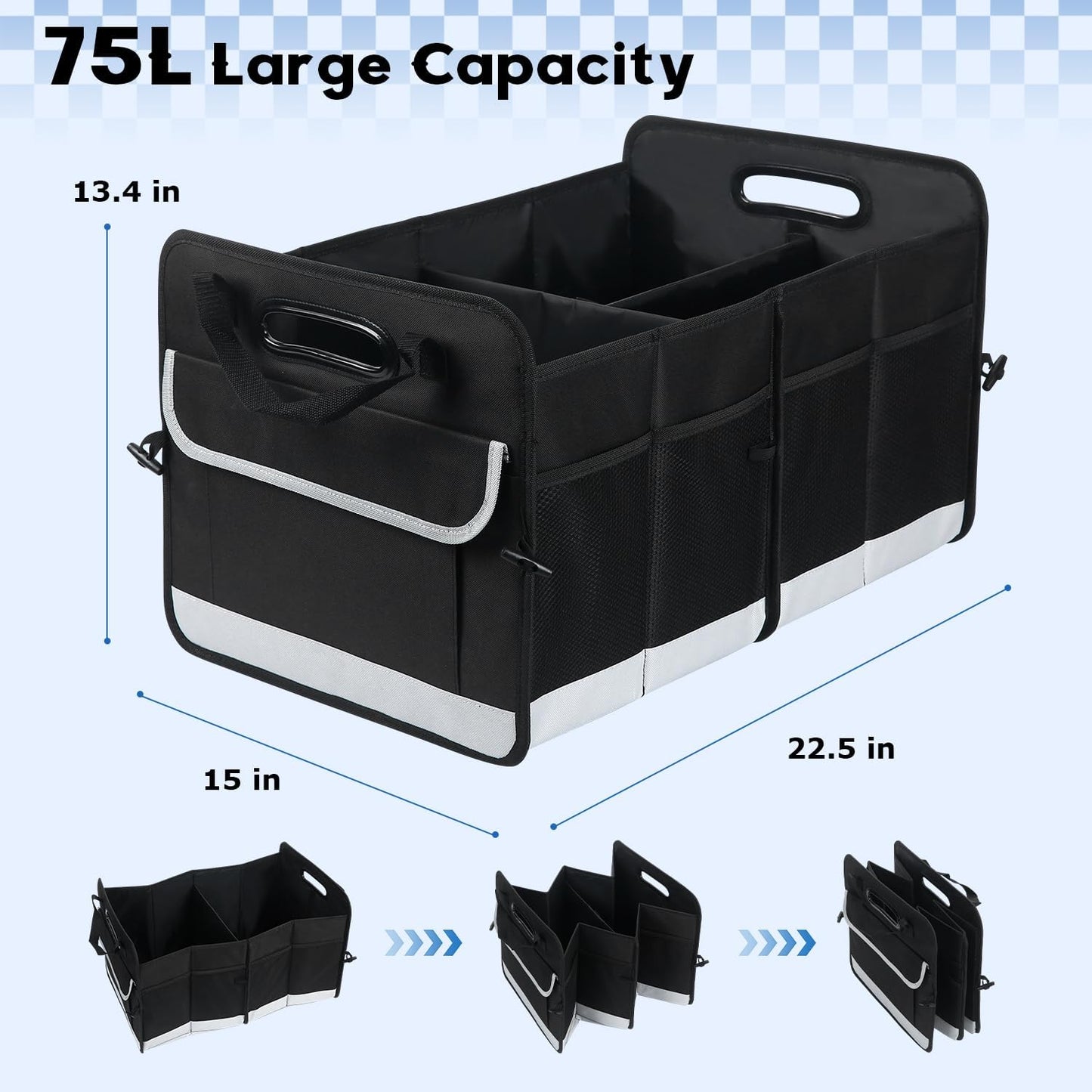 AOPHY Car Trunk Organizer, 72L Large Capacity Waterproof Auto Storage with Non-Slip Bottom Strips, Collapsible Cargo Organizer for Suv, Truck, Sedan, Portable Car Accessories for Women Men