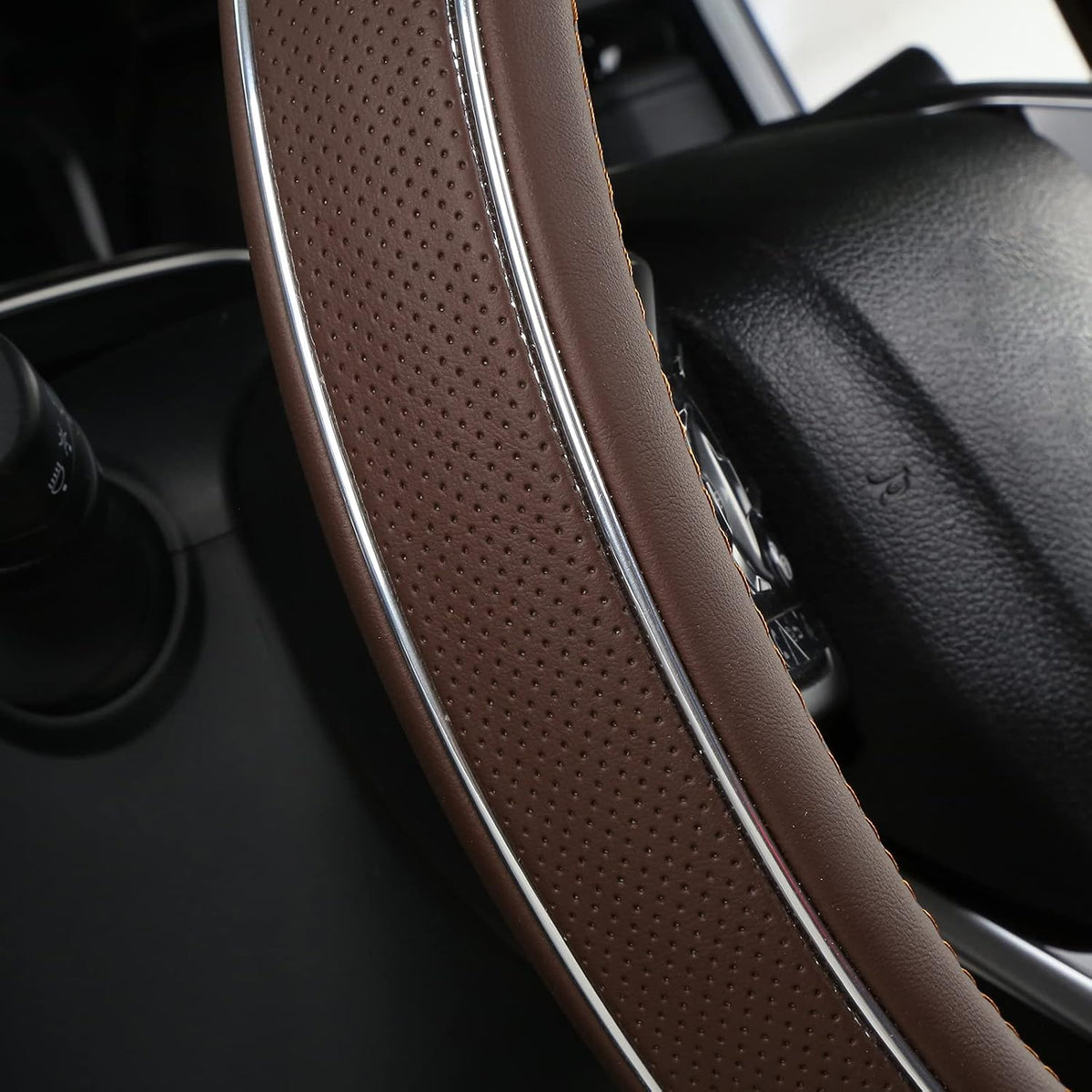 ALEMODR Brown Leather Steering Wheel Cover Fiber Strip Car Steering Wheel Cover Universal 15 inch for Men