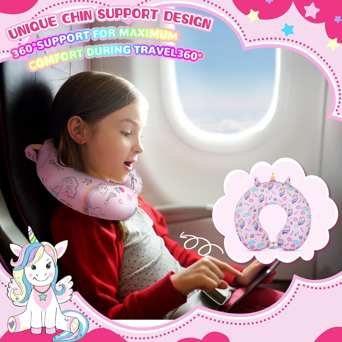 Thyle 2 Set Unicorn Neck Travel Pillow for Kids and Eye Mask Lightweight Travelling Sleeping Pillow Set for Airplane, Car, Train, Bus and Home Use Support Blindfolds