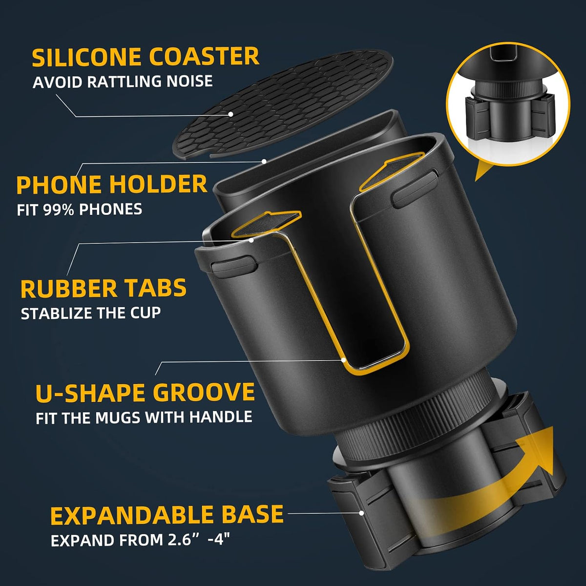 TYKOR Car Cup Holder Expander with Adjustable Base, Fits Bottles 16-46 OZ