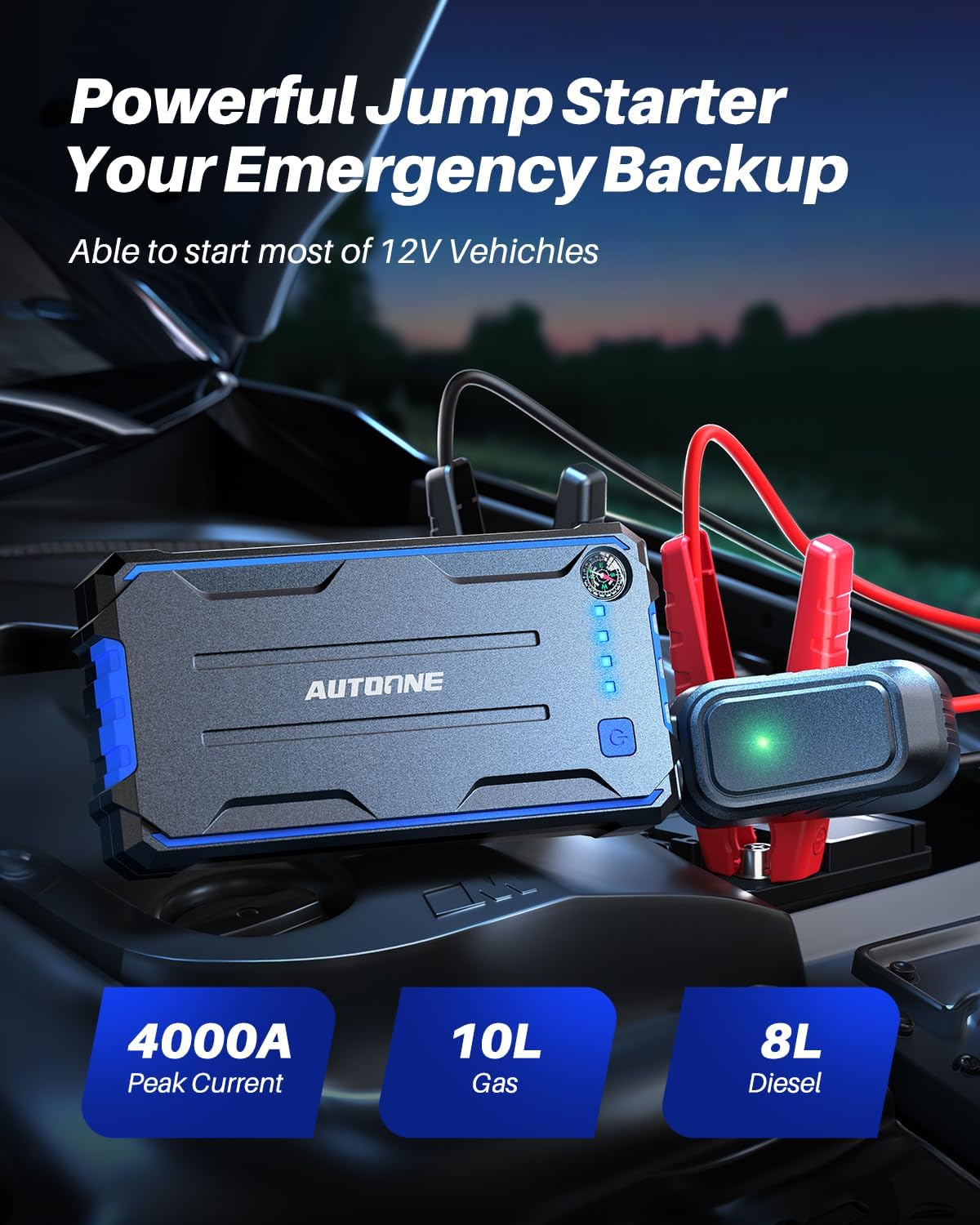 AUTOONE 4000A Car Jump Starter, Battery Jumper Starter Portable for Compact Car Up to 10.0L Gas and 8.0L Diesel Engine Jump Box with Jumper Cables, USB Output and LED Light