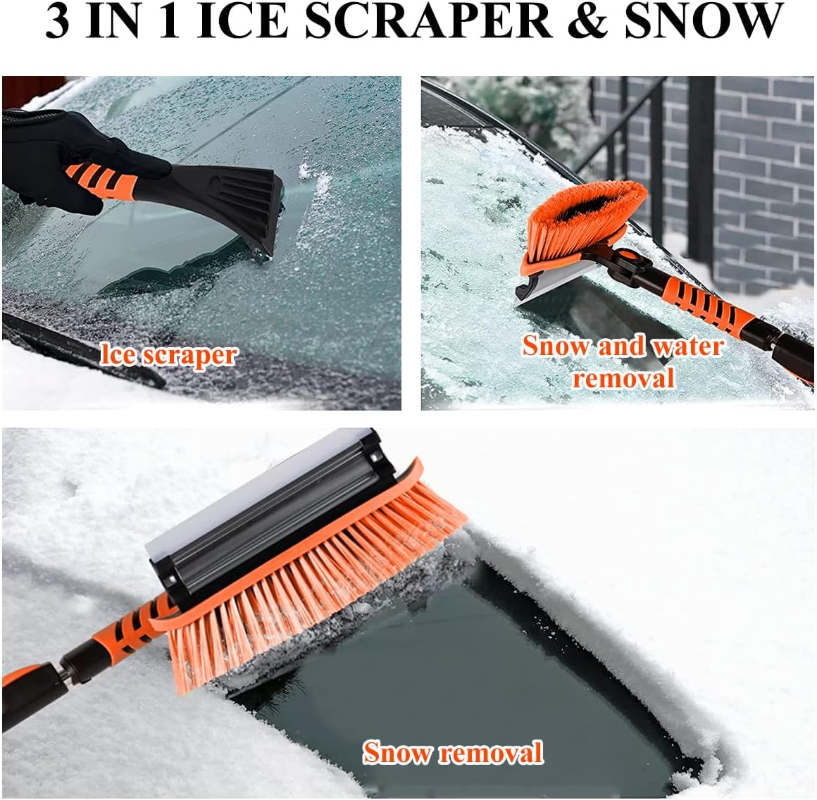 KVAEY 41 Inch Extendable Snow Brush for Car, 3 in 1 Detachable Car Snow Brush and Ice Scraper with Ergonomic Grip, Long Handle Winter Snow Removal Tool for Car, Truck, SUV