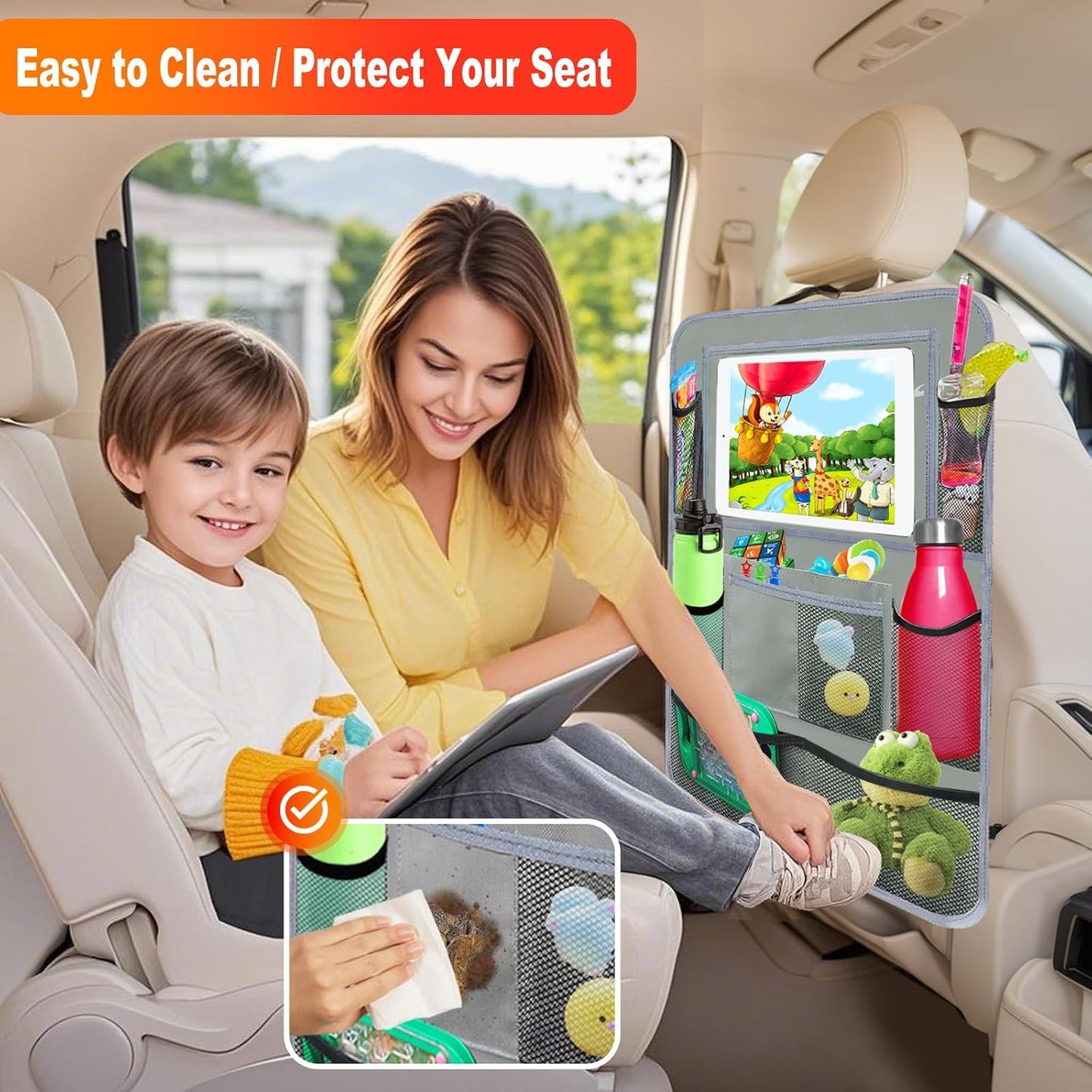 Car Backseat Organizer ，2 Pack Car Organizer Back Seat with 11" Tablet Holder, 10 Storage Pockets Seat Back Protectors Kick Mats for Kids Toddlers, Travel Accessories (Grey)