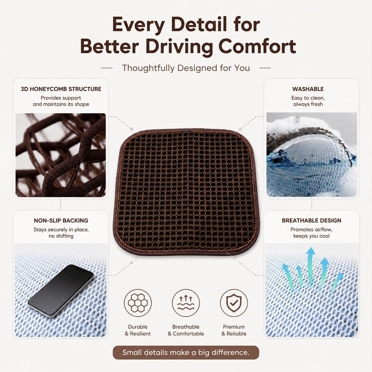 Cooling&Breathable 3D Air Mesh Car Seat Cushion for Summer, Universal Ventilated Comfortable Seat Pad, Suitable for Sedans,Vans,Pickup,Trucks,Suvs (Brown-1PcsBackCushion+1PcsSeatPad)