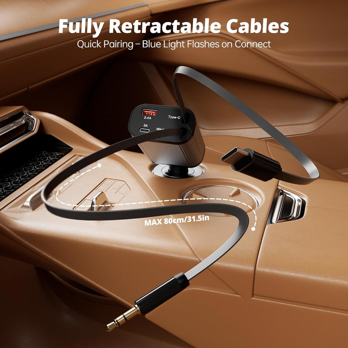 100W AUX Retractable Car Charger, Compact 4-in-1 Fast Charging USB-C Charger with Wireless AUX, Stream Music Wirelessly, Compatible with iPhone 17-11, Galaxy, Pixel, and USB Devices, Car Accessories