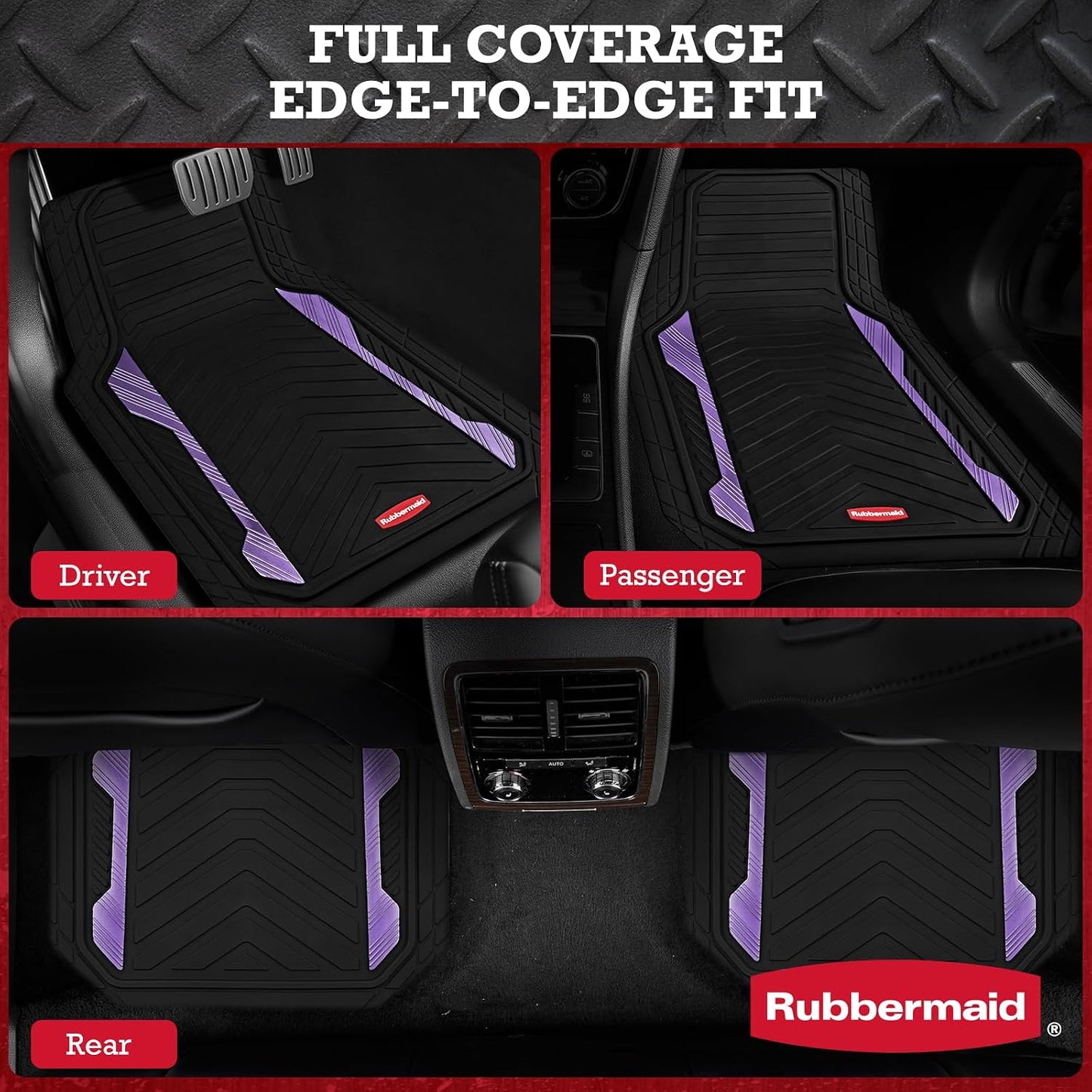 Rubbermaid Car Floor Mat, Heavy Duty All-Weather Car Mats Full Set with Dual-Tone Purple Aluminum Inserts – Universal Fit, Anti-Slip Backing, Trim-to-Fit for Most SUV, Sedan, Van