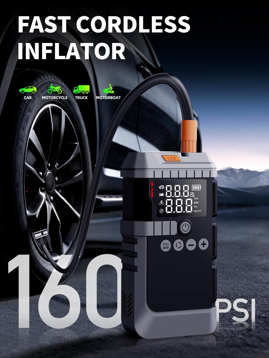 Portable Car Battery Jump Starter with Air Compressor (All Gas/12L Diesel)