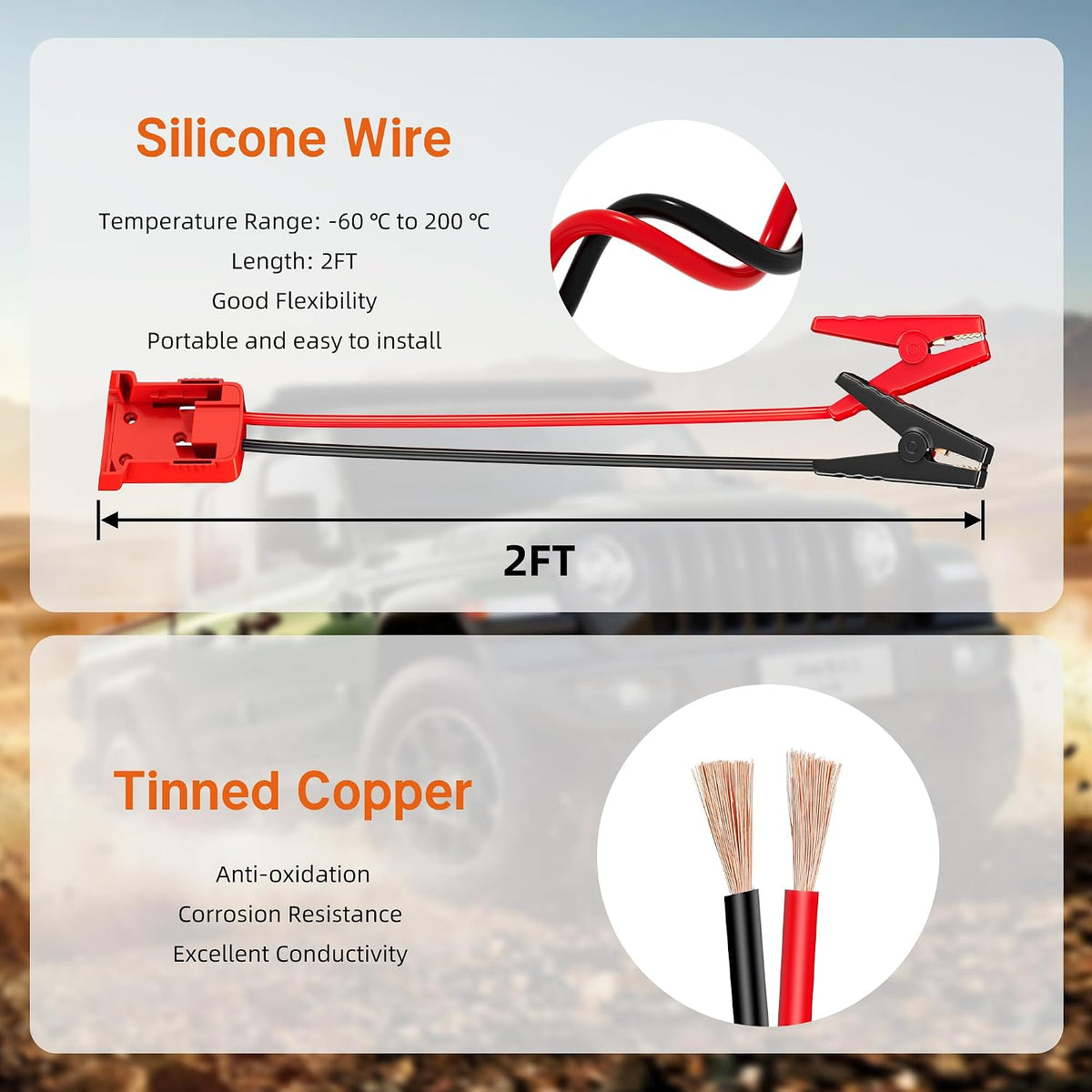 RVBOATPAT Jumper Cable Alligator Clips with 18V Battery Power Wheel Adapter, 2FT 8AWG Silicone Wire Car Battery Jumper Cable for Jump Starting Car Tool Battery