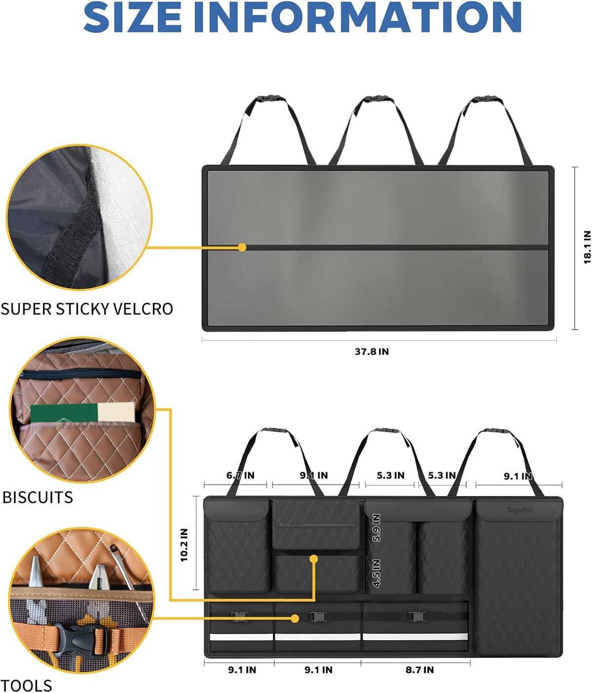 Backseat Hanging Organizer with Large Storage Bags | PU Leather, Large Capacity | Adjustable Straps, Waterproof & Collapsible | Universal Fit for SUVs, Sedans & Trucks | Brown, 37.8" x 18.1" - P810