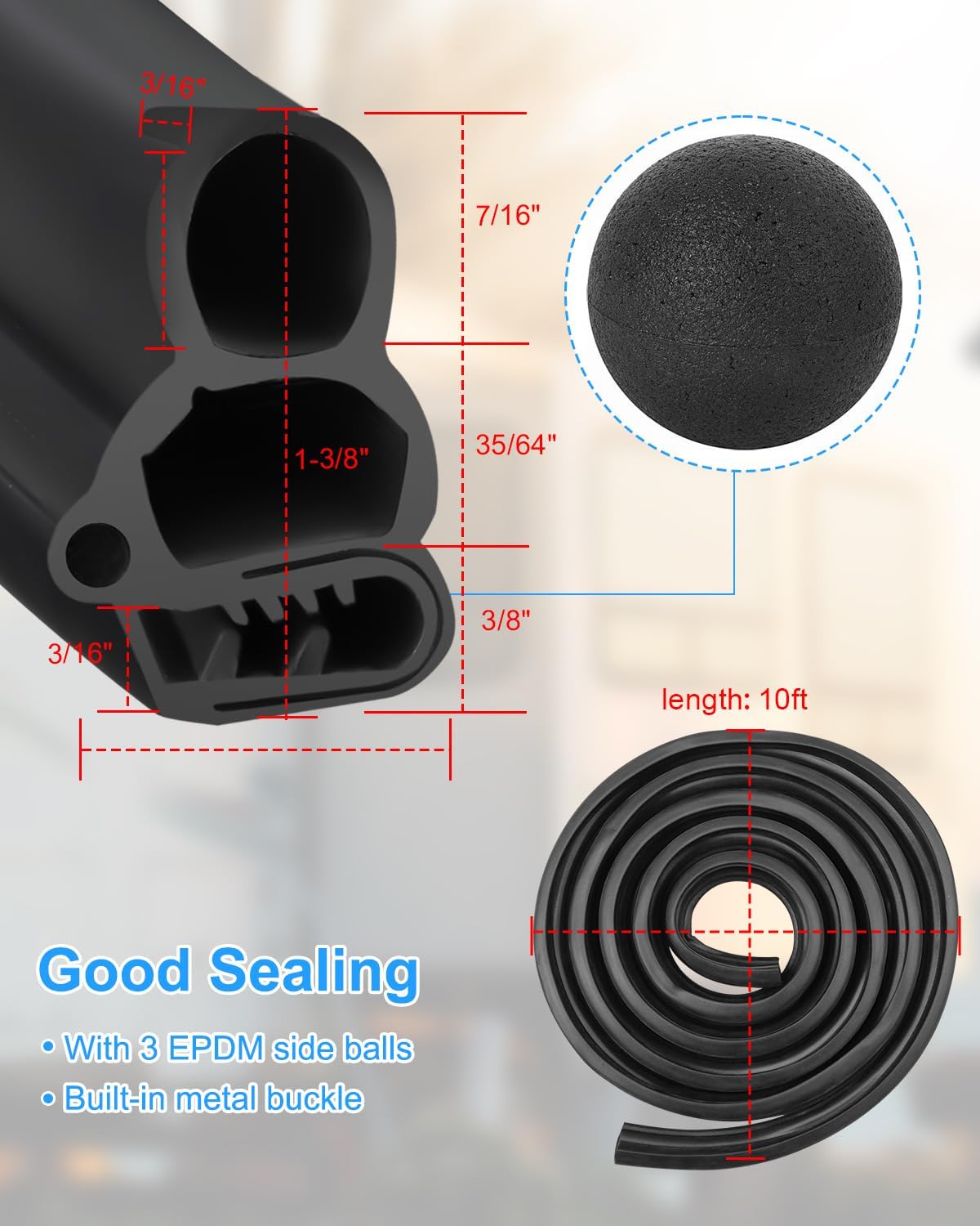 Automotive Door Weather Stripping with EPDM 3 Side Bulbs, 10FT | Car Door Rubber Seal Strip Trim, Car Door Edge Trim Seal Strip Gasket for Trucks RVs Camper Boats Cabinets Home Applications