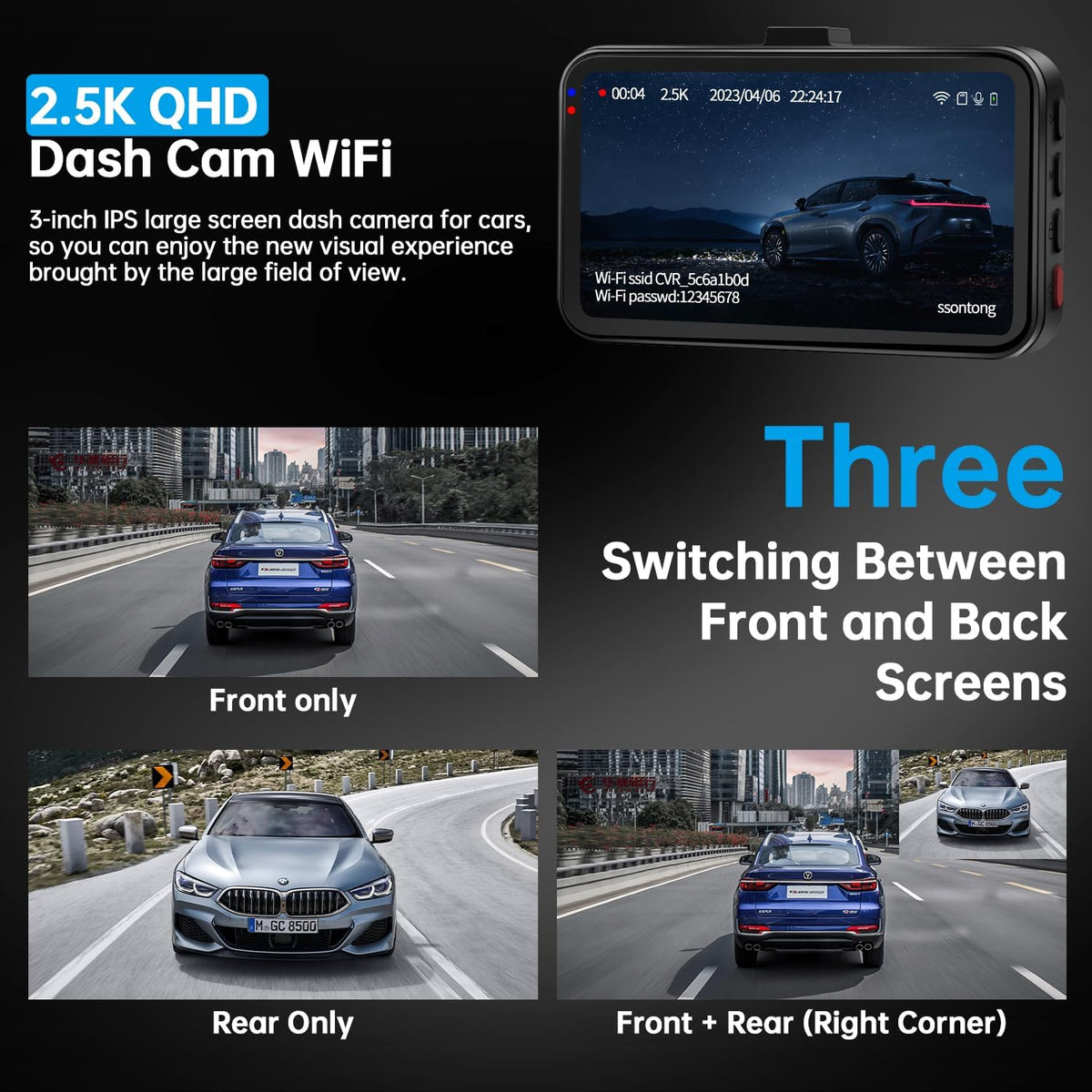 Dash Cam Front and Rear, 2.5K Front 1080P Rear WiFi App Control w/64GB Card