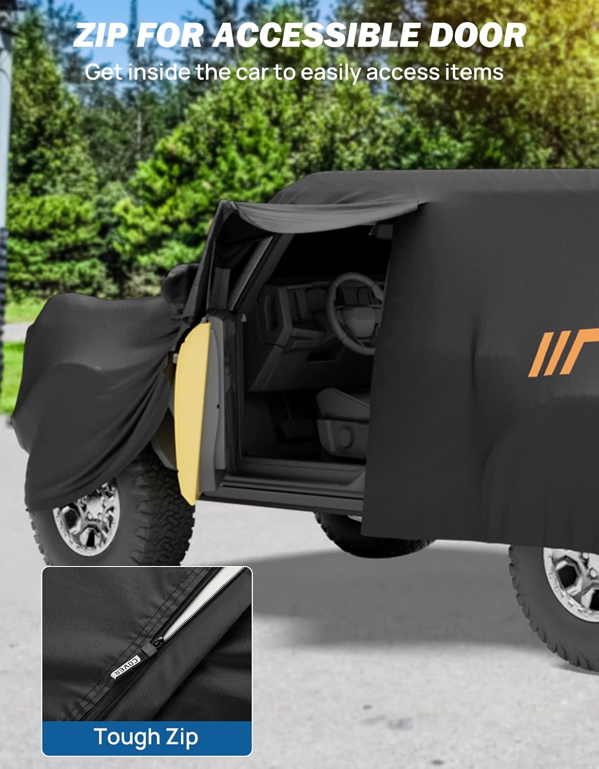 JOYTUTUS Car Cover Compatible with Bronco 4 Door 2021-2026 | Waterproof All-Weather Protection with Zipper Entry & Anti-Theft Lock | Windproof Cover (Not Fit Bronco Sport)