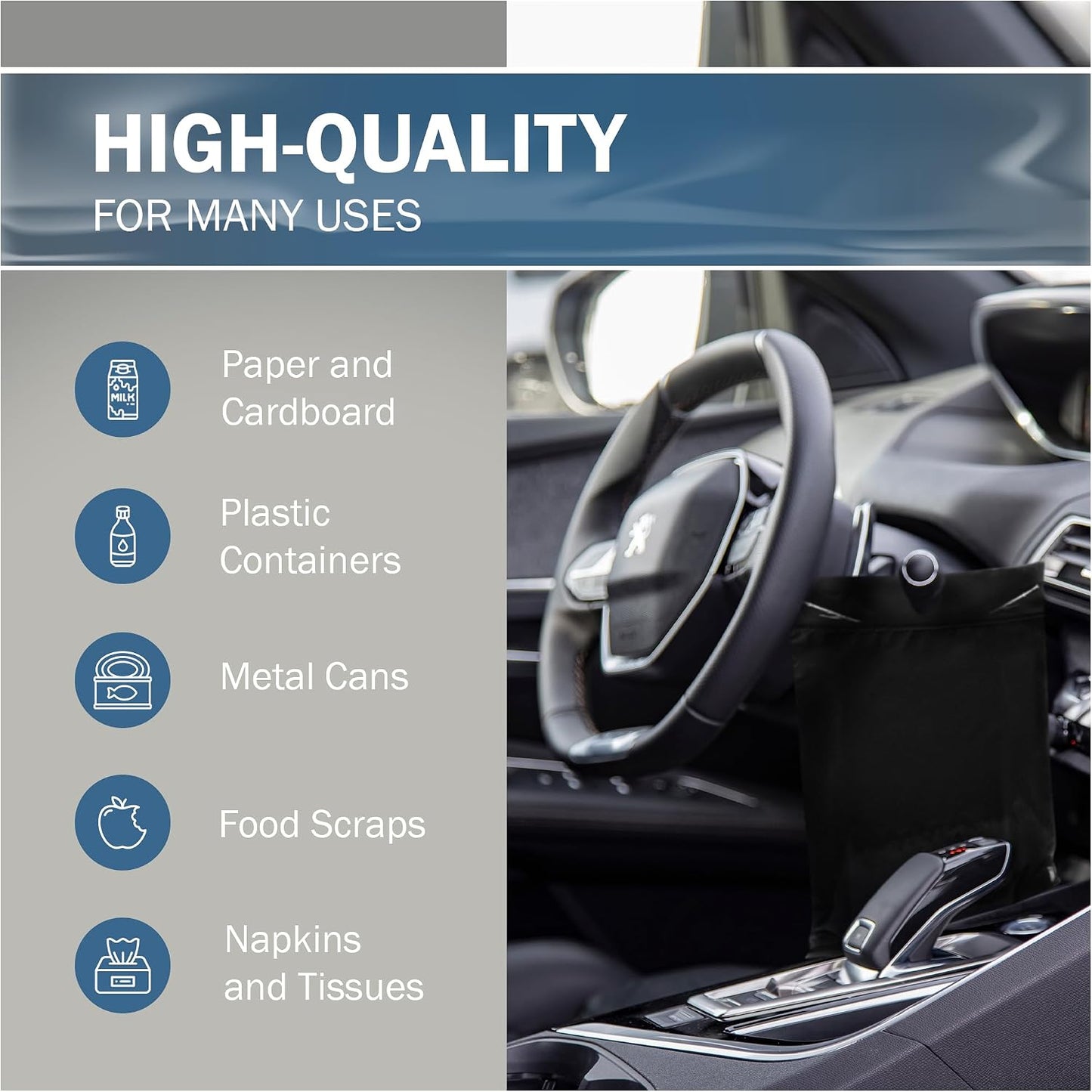 12x15 Black Disposable Car Trash Bags, Leak-proof, Medium Size, 50 Pack, 2 Mil Thick, with Die-Cut Handles by PPB