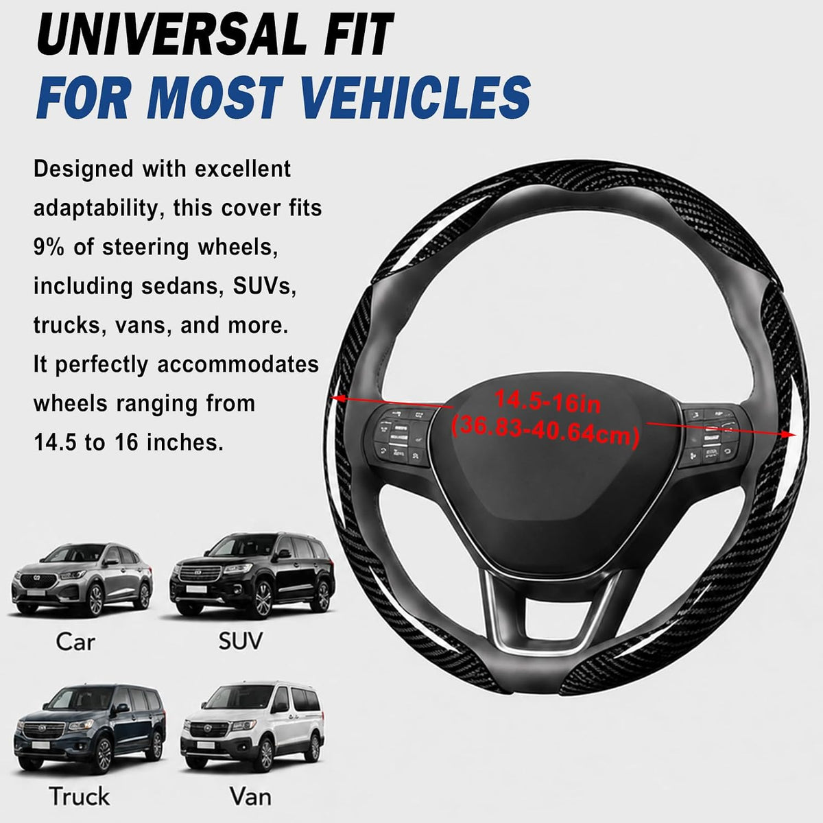 3pcs Universal Carbon Fiber Steering Wheel Cover, Anti-Slip & Segmented Design, Non-Slip Grip for Universal Cars for Men and Women,Interior Accessories for Cars Trucks (Black)