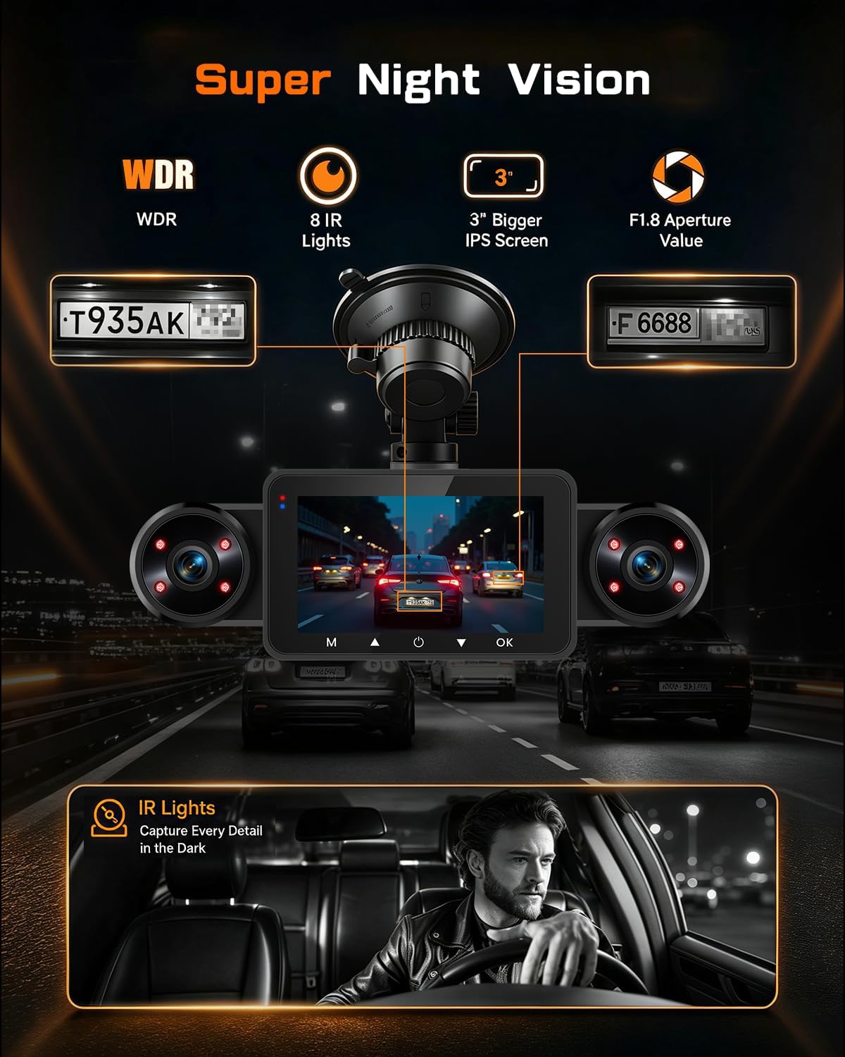 Inefala 3" Car Dash Cam Front and Rear 4 Channel 1080P Dash Camera for Cars