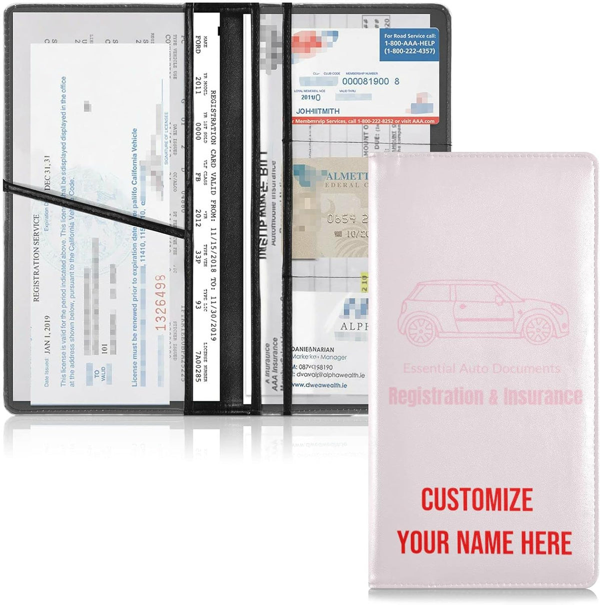 Custom Car Registration and Insurance Card Holder Personalized Leather Glove Box Organize Men Women Wallet Accessories Case for Cards, Essential Document Driver License Blush Pink