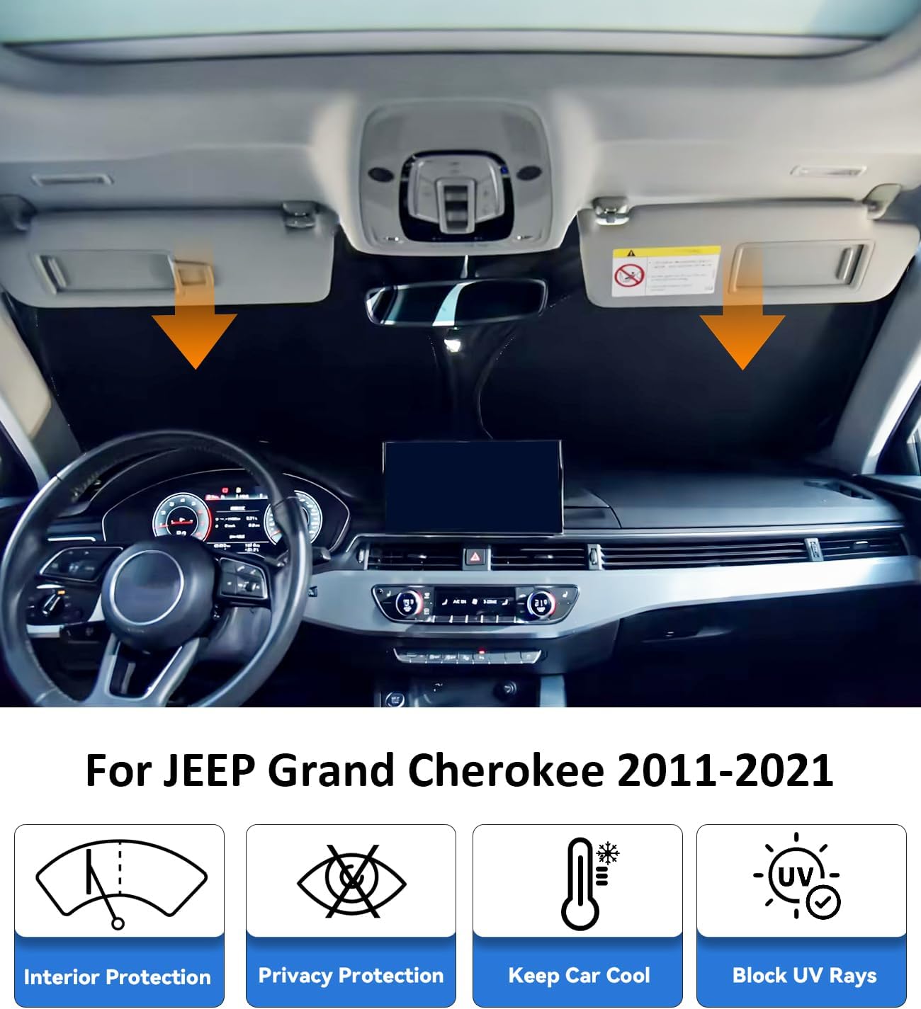 Windshield Sun Shade for 2011-2021 Jeep Grand Cherokee Accessories, Car Front Window Sun Visor Protector & Heat Shield | 240T Sunshade Protection Blocks UV Rays Keep Your Car Cooler