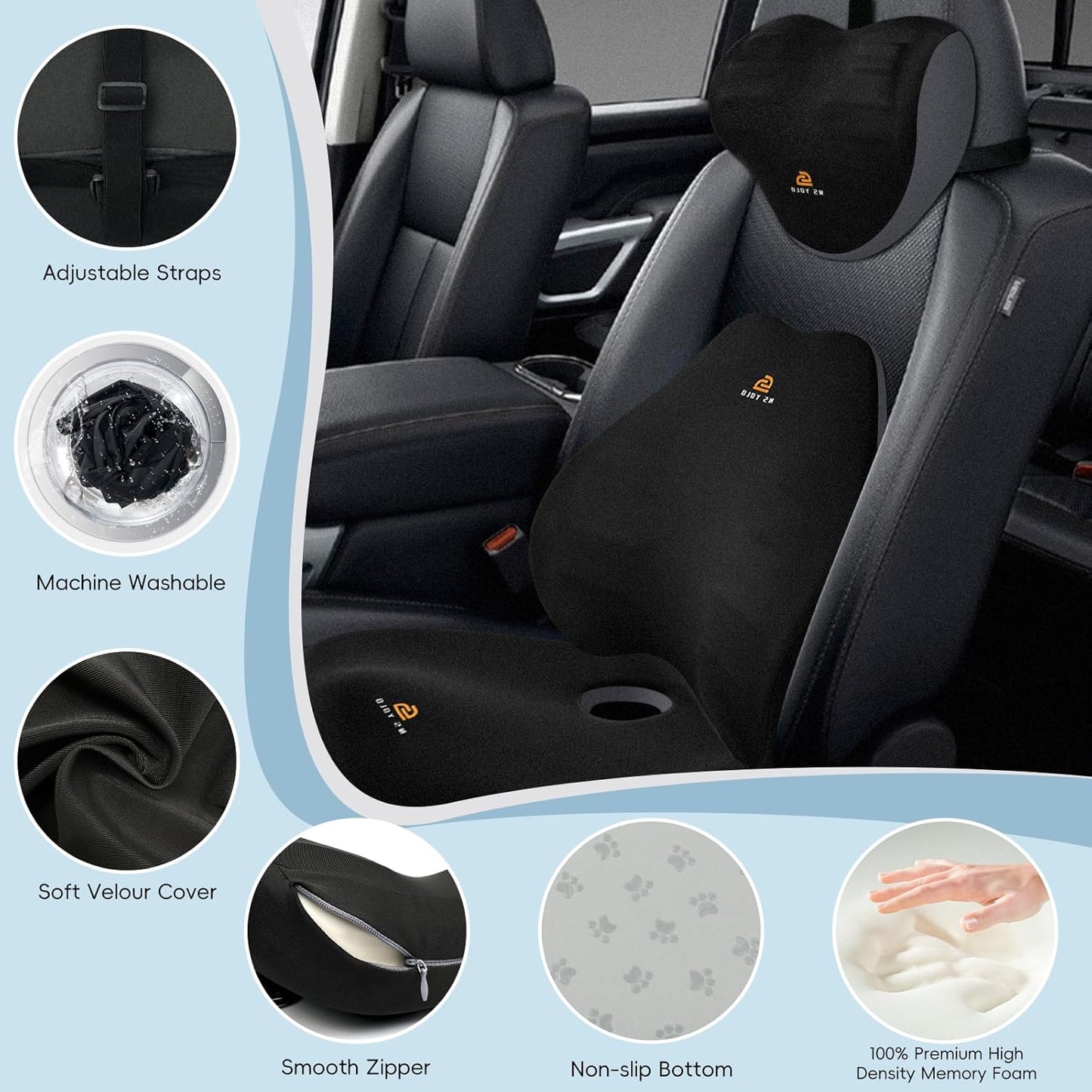NS YOLO Ergonomic Car Seat Cushion with Comfort Memory Foam Neck Pillow, Car Pillow,Lumbar Support and Big Size Soft Seat Cushion for Driving Seat,Office Chair and Wheel Chair (Black and Grey-3 pcs)