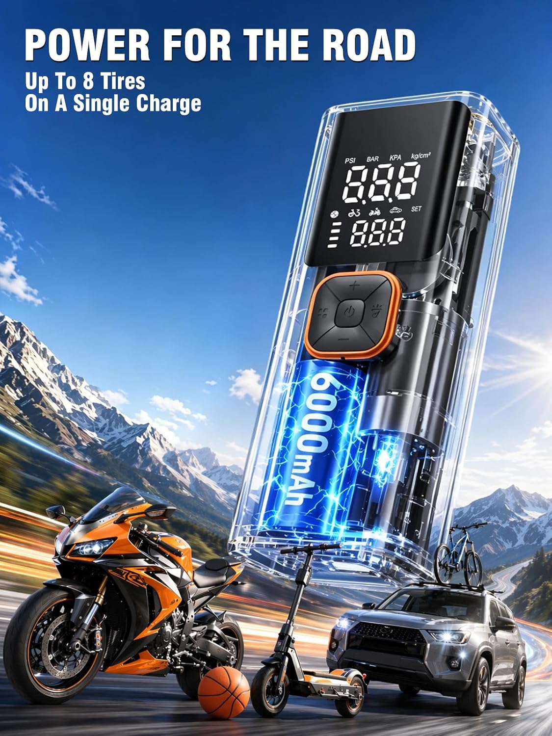 Tire Inflator Portable Air Compressor, 6000mAh Cordless & 12V DC