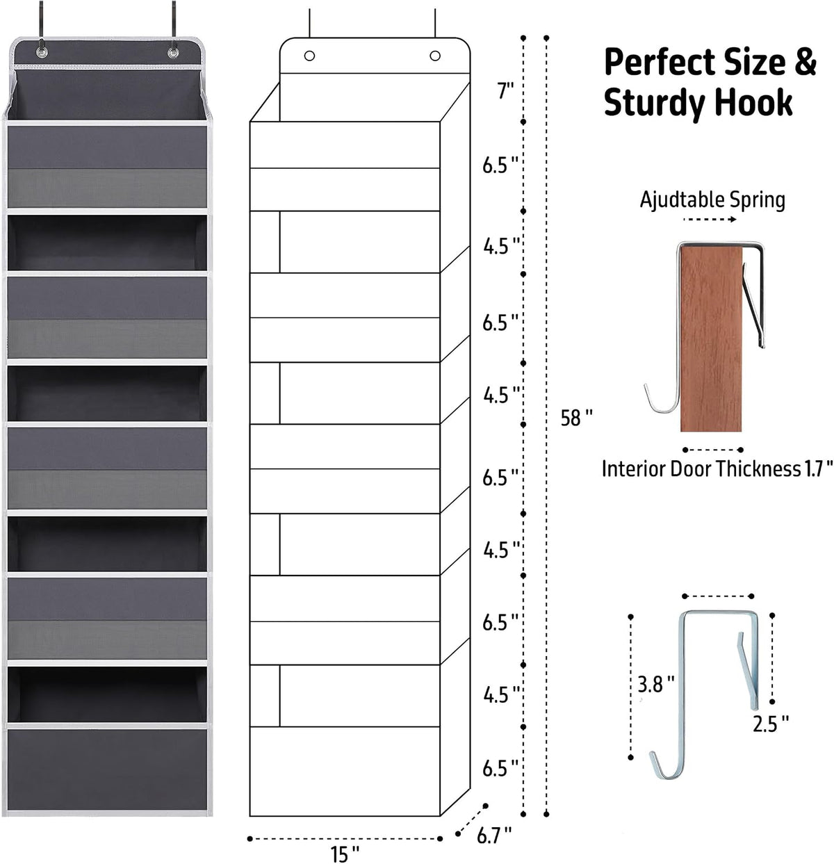 TYMENSH Gray Over Door Organizer with 5 Large Clear Pockets and 6 Side Mesh Pockets, Anti-Tilt Hanging Door Storage for Closet, Bathroom, Bedroom, Dorm, Nursery, Toys