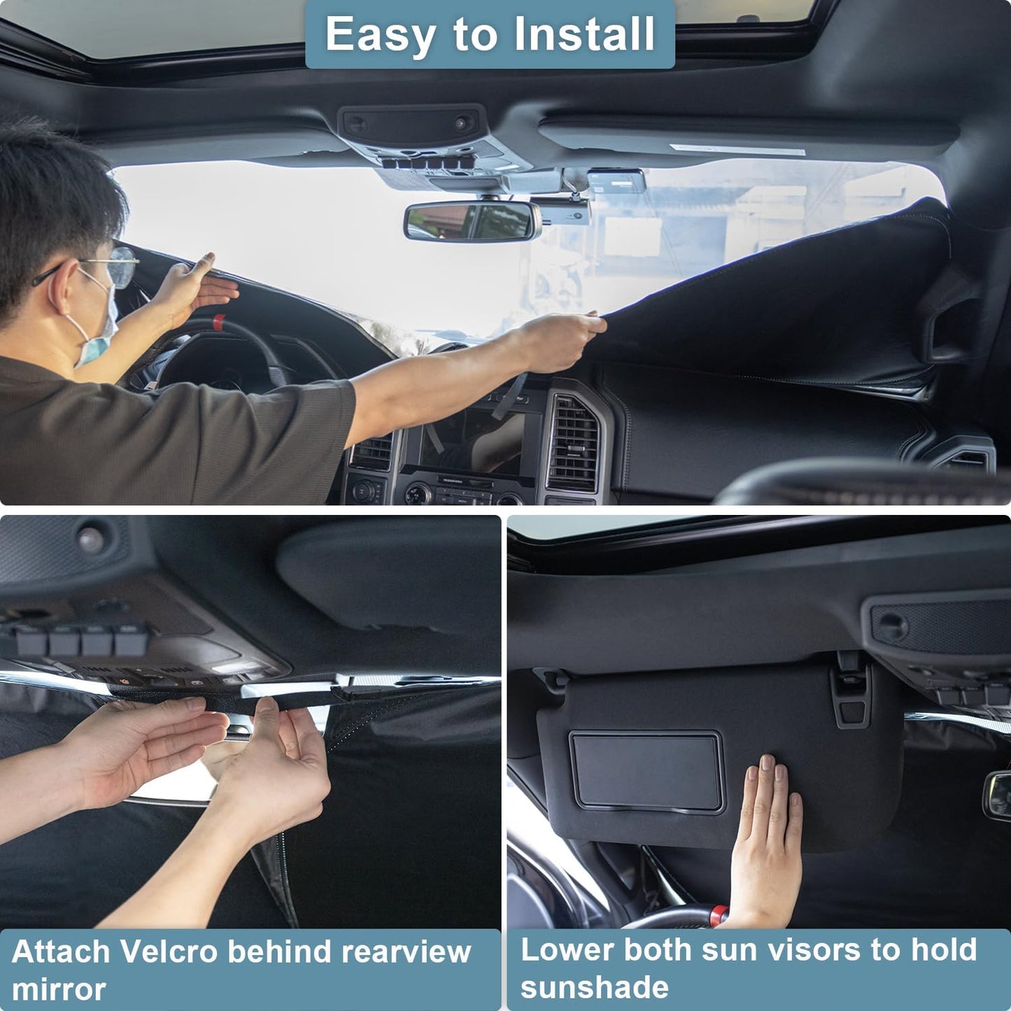 PIMCAR Windshield Sunshade for Ford F-150 2015-2020 | Premium 310T Reflective Polyester UV & Heat Blocker | Reduces Interior Temperature, Foldable with Storage Pouch
