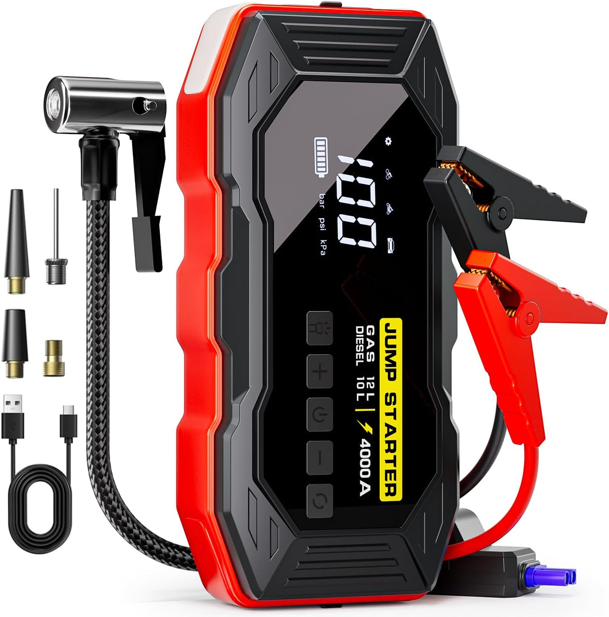 Jump Starter with Air Compressor 4000A Portable Car Battery Jump Starter (All Gas/10L Diesel), 160PSI Auto-Shutoff Tire Inflator Air Compressor, SuperSafe 12V Jump Box Car Battery Jumper Booster