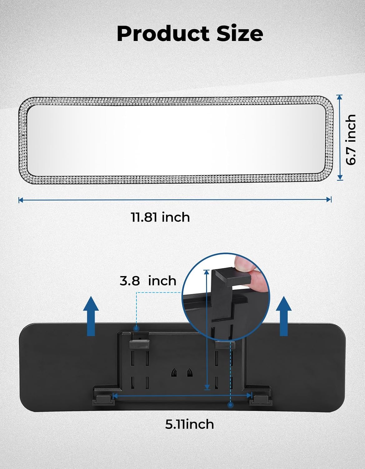 JOYTUTUS Rear View Mirror, Universal 12 Inch Panoramic Rearview Accessories with Bling Rhinestones Crystal Diamonds Edge, Interior Clip-on Wide Angle Rear View Mirror -White