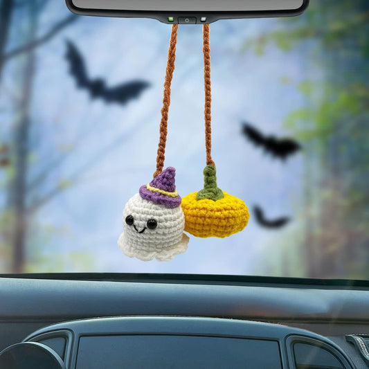 Halloween Outdoor Decorations Crochet Pumpkin and Ghost Car Decor for Rear View Mirror, Hand-Woven Mirror Charm Car Accessories for Women or Men (Orange Pumpkin and Ghost)