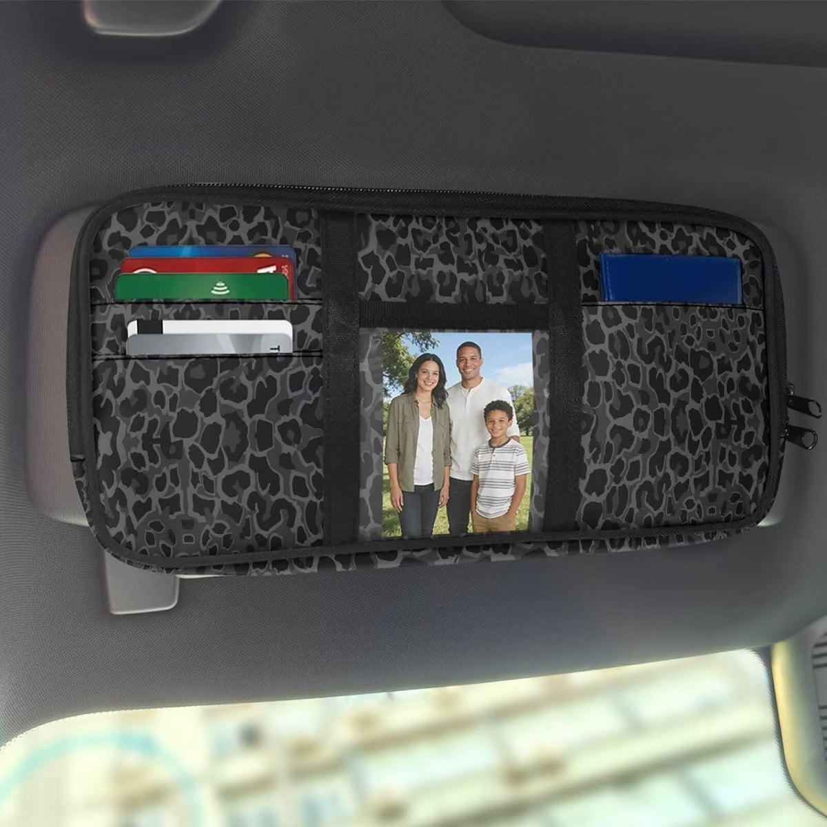 Jeiento Black Leopard Car Visor Organizers Accessories Black Cheetah Animal Skin Print Auto Sun Visor Multi-Pocket Storage Pouch Glasses Holder,Document, Card, Driver License Organizer Universal Fit