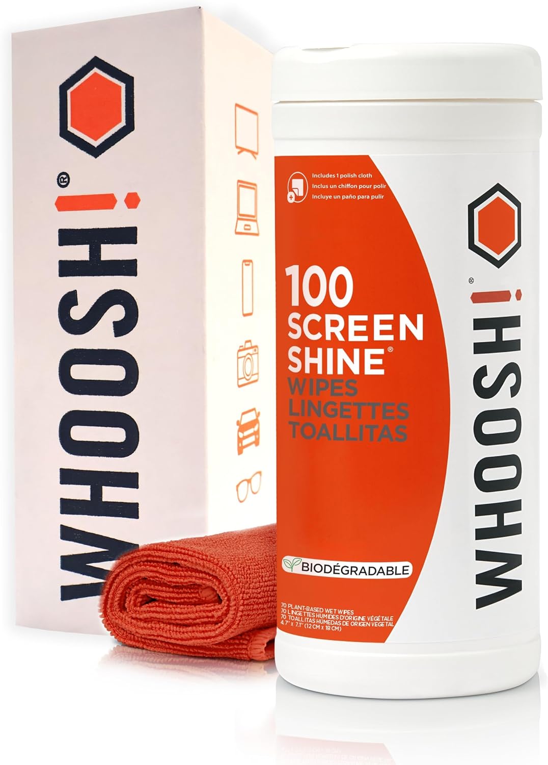 WHOOSH! Screen Shine 100 Count Touch Screen Cleaner Wipes for Car, OLED, TV, Eyeglasses, Laptop – Lint-Free, Non-Abrasive Wipes – Streak-Free Finish – Non-Toxic & Odorless – Microfiber Cloth Included