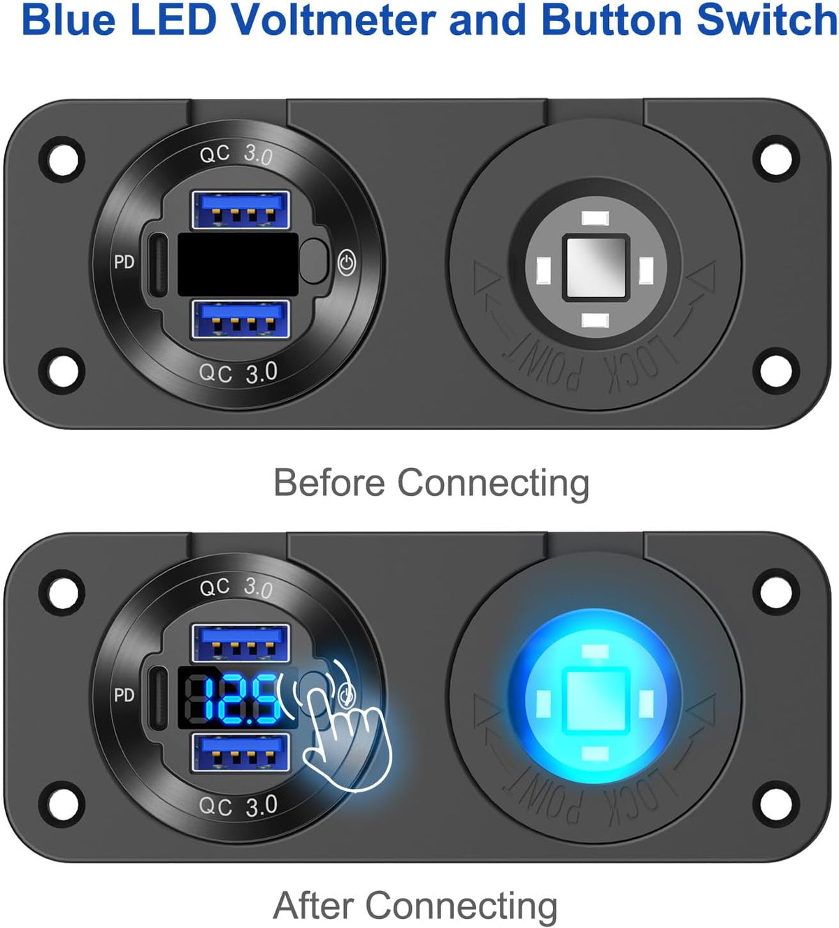 12V USB Outlet Marine Switch Panel Plug, PD3.0 and Dual QC3.0 USB Ports Aluminum Car Charger with LED Voltmeter Power Switch, Lighted 150W Cigarette Lighter Socket 2 in 1 DIY Kit for Boat RV ATV, etc.
