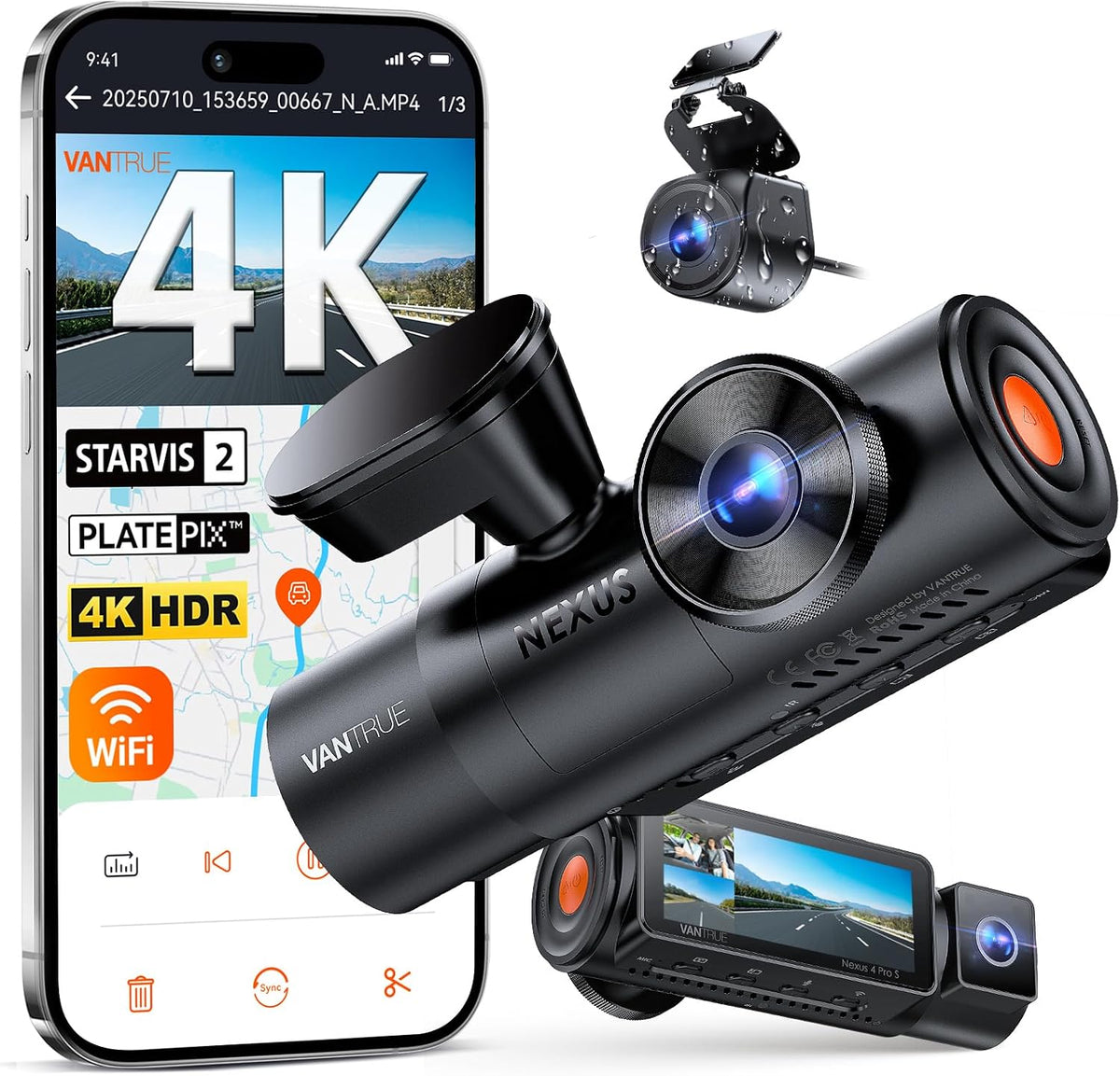 Vantrue N4 Pro S 4K 3 Channel Dash Cam, Triple STARVIS 2, IP67 Rear Camera