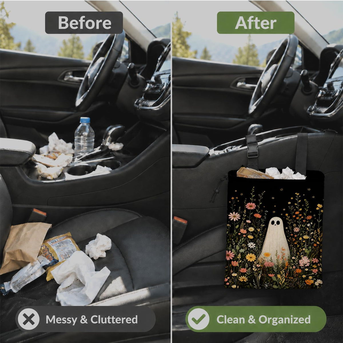 Halloween Ghost Wildflower Car Garbage Bag Canvas Trash Can