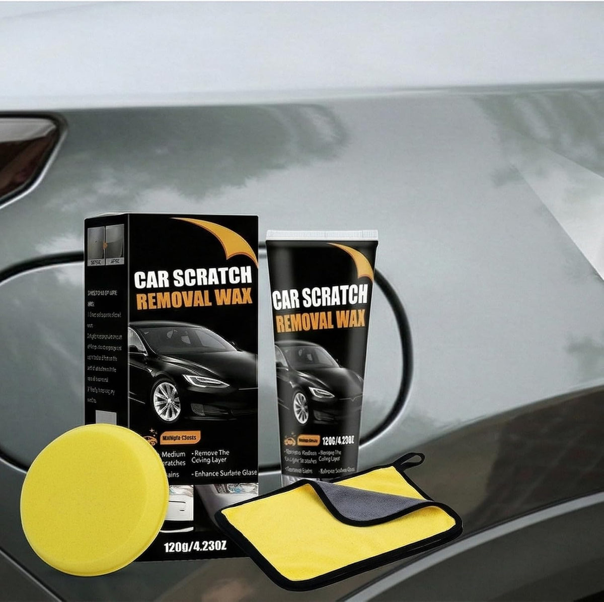 Car Scratch Remover Wax & Repair Paste - Erases Scuffs in 3 Seconds - Complete Kit with Sponge and Microfiber Cloth for Door Handle Scratches & Swirls - 120ml