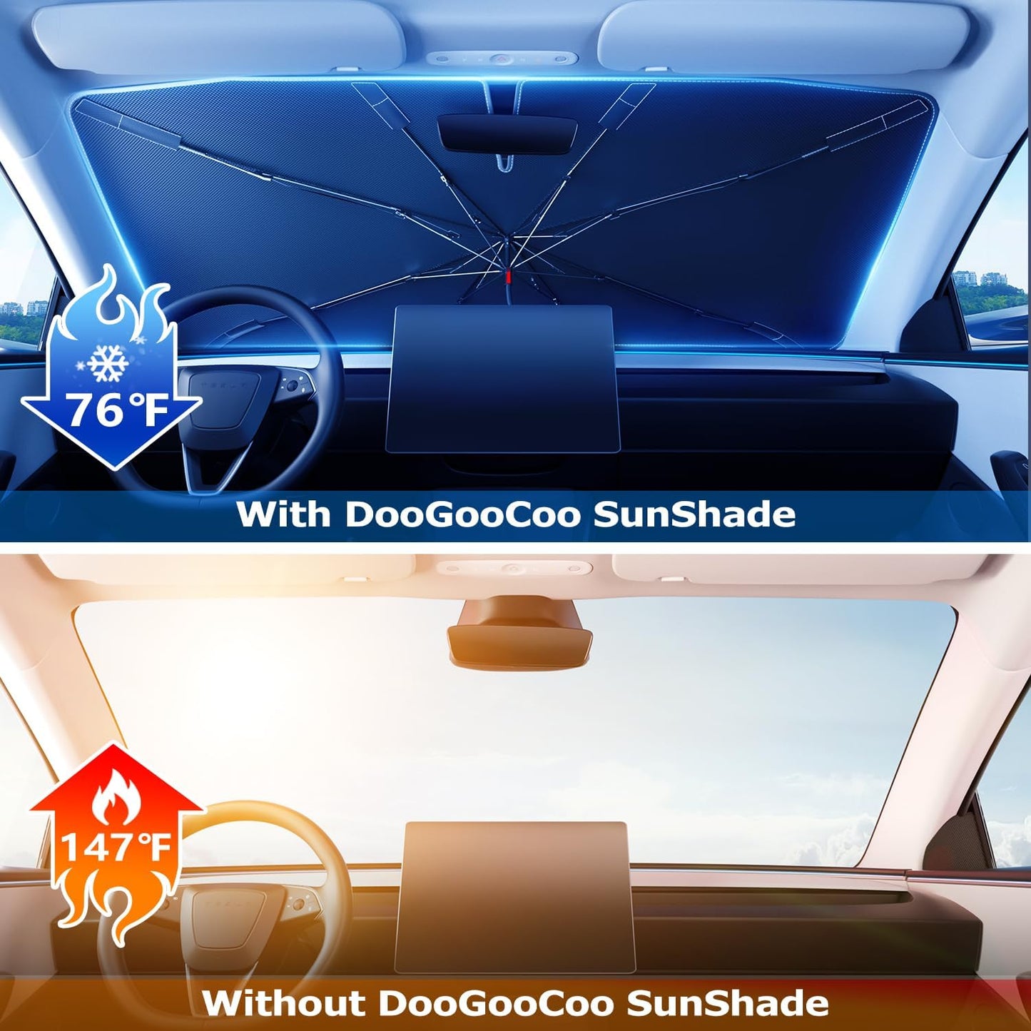 2026 Upgraded DooGooCoo Windshield Sun Shade Umbrella for Car, Reinforced Frame, UV Block Heat Shield, Keeps Interior Cooler, Foldable Front Windshield Cover, Medium 57" x 32"
