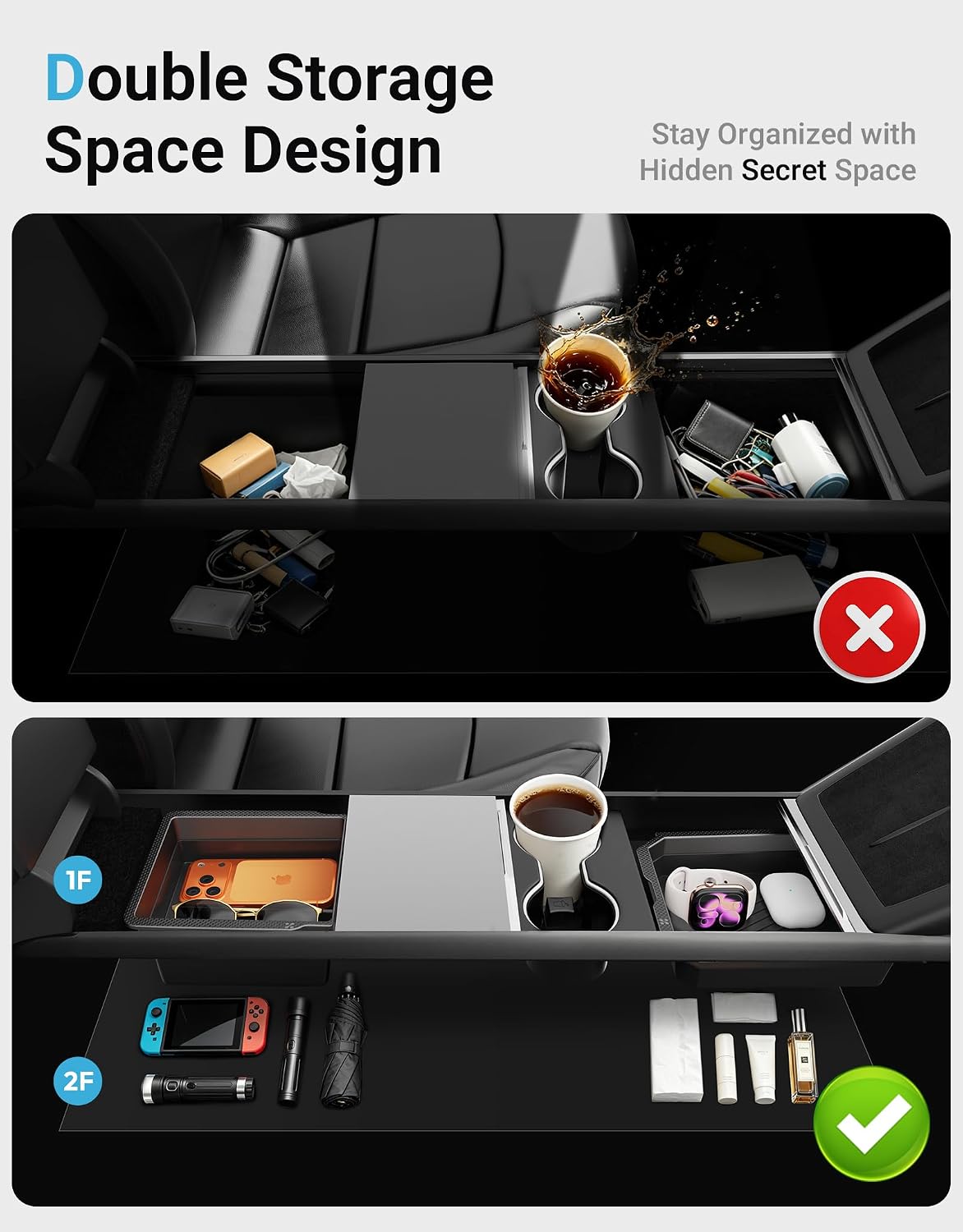 XINTUO Tesla Model Y Juniper 2025 2026 & Model 3 Highland 2024 2026 Center Console Organizer Tray [Slide Smoothly + Easy Installation] Cup Holder for Tesla Model Y Juniper Accessories