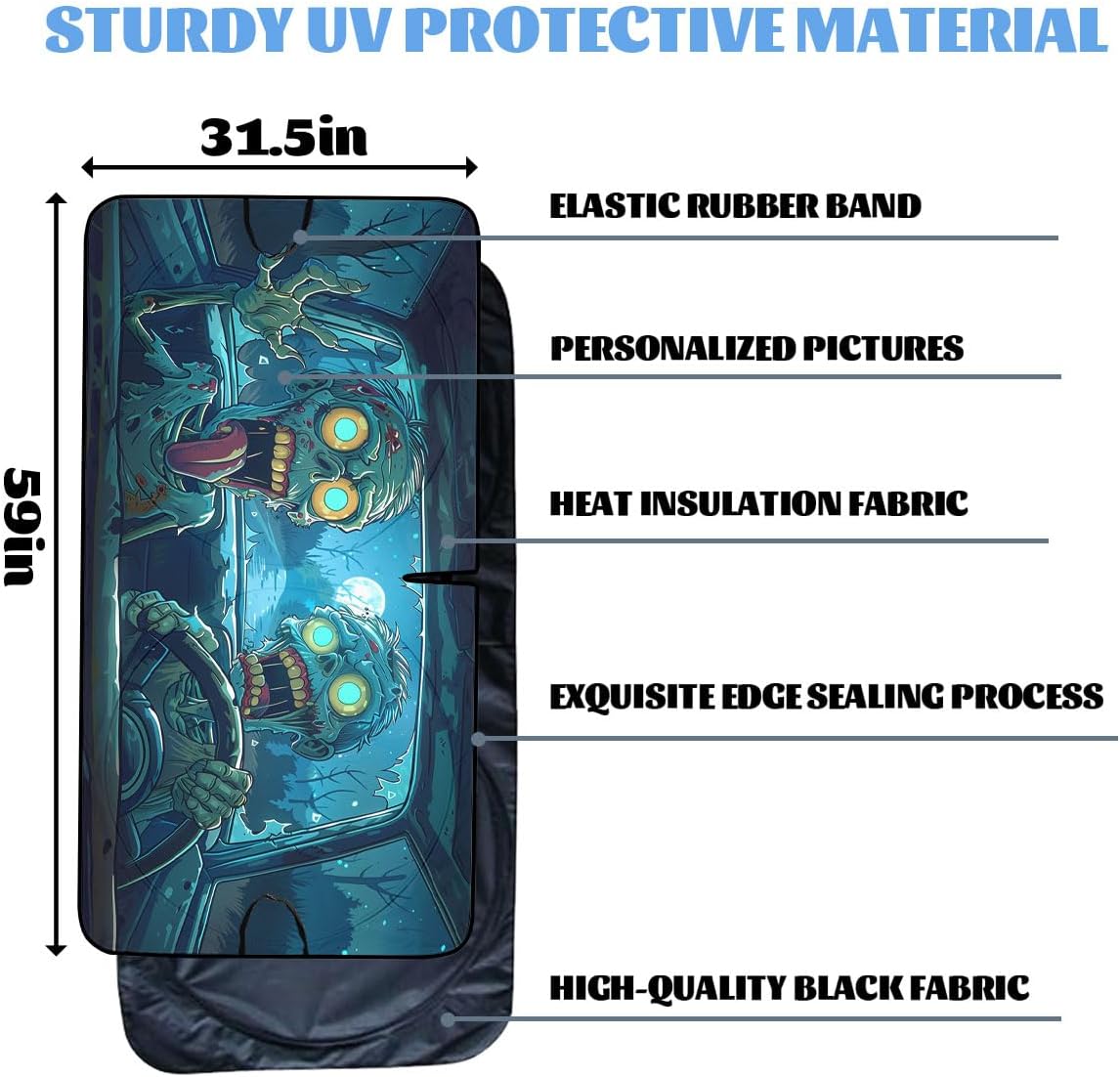 Funny Zombie Car Windshield Sun Shield, 59"L x 31.5"W, Universal Fit, Polyester, UV Protection, Easy Installation