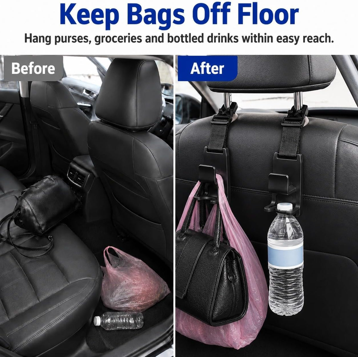 Headrest Hooks for Car, 4 Pack Bag & Bottle Holders