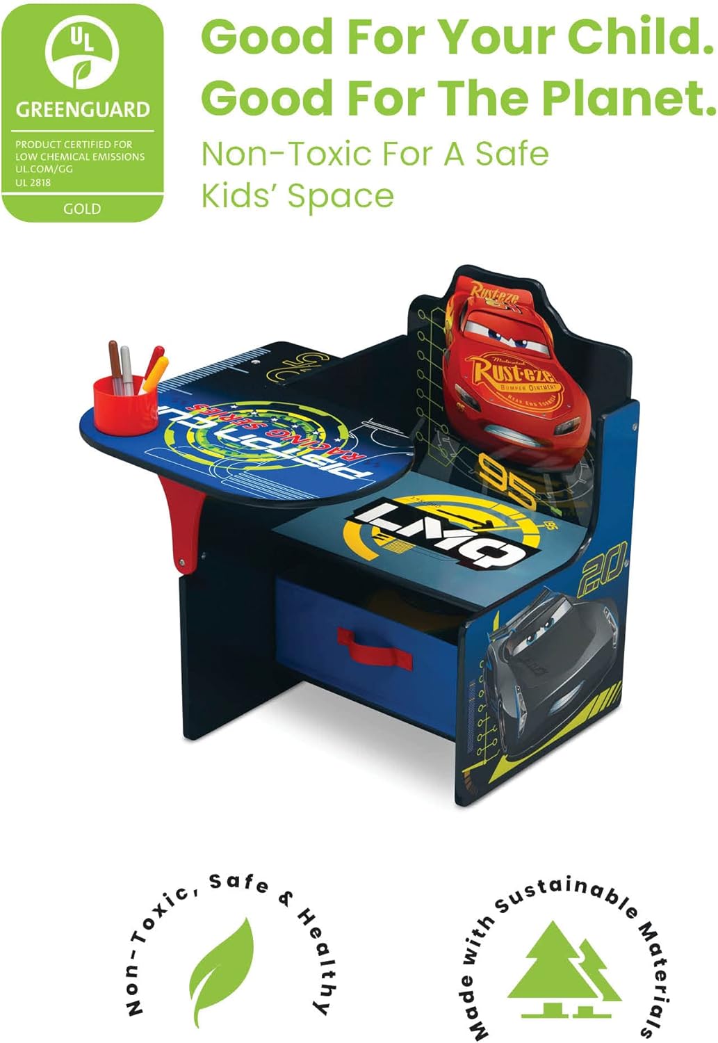 Delta Children Chair Desk With Storage Bin, Disney/Pixar Cars | Kids Chair Desk Includes Fabric Storage Bin and Cup Holder, Low to the Ground for Easy Access, Ideal for Toddlers/Kids Age 3+