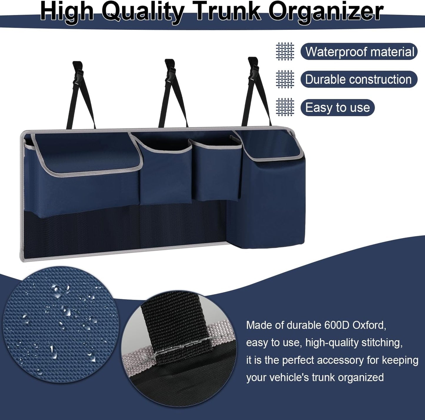 UYYE Trunk Hanging Organizer, Backseat Storage Bag, Collapsible Car Interior Accessories with 4 Pockets & 2 Mesh Pouches for Tools, Provide More Storage Trunk Space for SUV, Jeep, MPVs (Drak Blue)