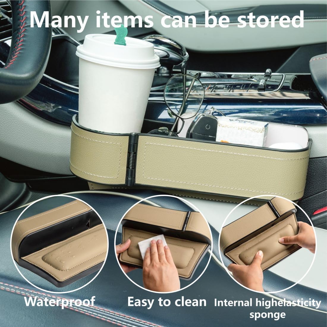 Car Seat Gap Filler Organizer,2 Pack Car Leather Cup Holder Gap Bag,Car Seat Storage Box with Adjustable Cup Holders,Car Organizer Front Seat for Holding Phone, Glasses, Keys, Cards (Beige)