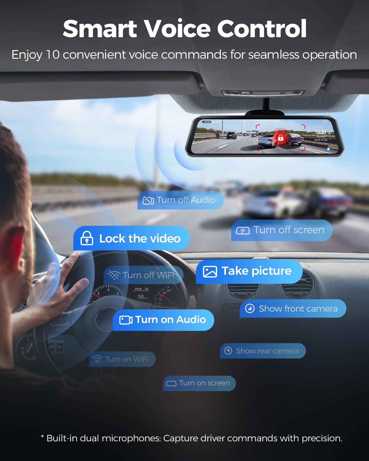 AZDOME 4K+2.5K Mirror Dash Cam with AR effects, ADAS, BSD & LCA Rear View Mirror Camera, 12" Rearview Mirror Camera, 5.8GHz WiFi, Voice Control, GPS, backup camera mirror Includes 64GB Card (PG17 Max)