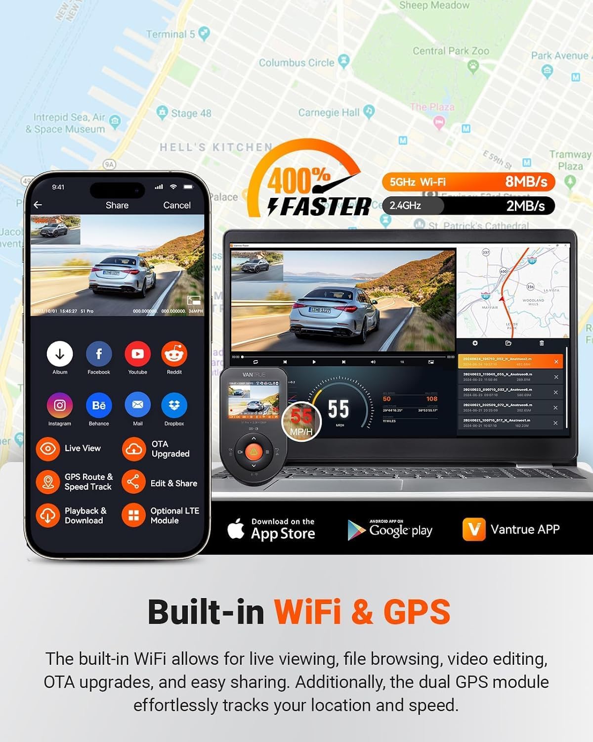 Vantrue S1 Pro 60fps Dash Cam Front and Rear, STARVIS 2 AI Dual Dash Cam