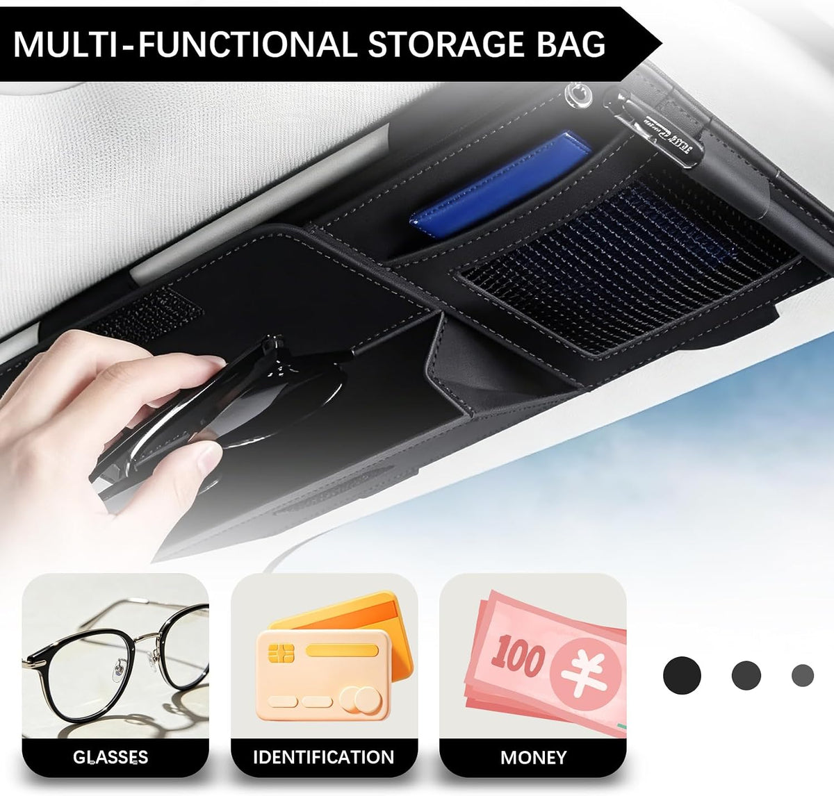 Car Sun Visor Organizer, Visor Accessories, Leather Sunvisor Pocket Organizer Case with Multi-Pocket Net Zipper, Waterproof Auto Sunshade Organizer Bag for Card Pen Sunglasses Document (Black)