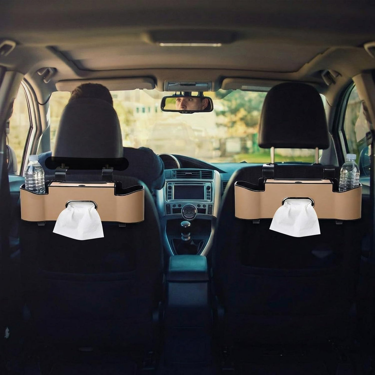 LemonRoad 2 Pack Car Seat Back Storage Box, Tissue 2 Cup Holders, Beige