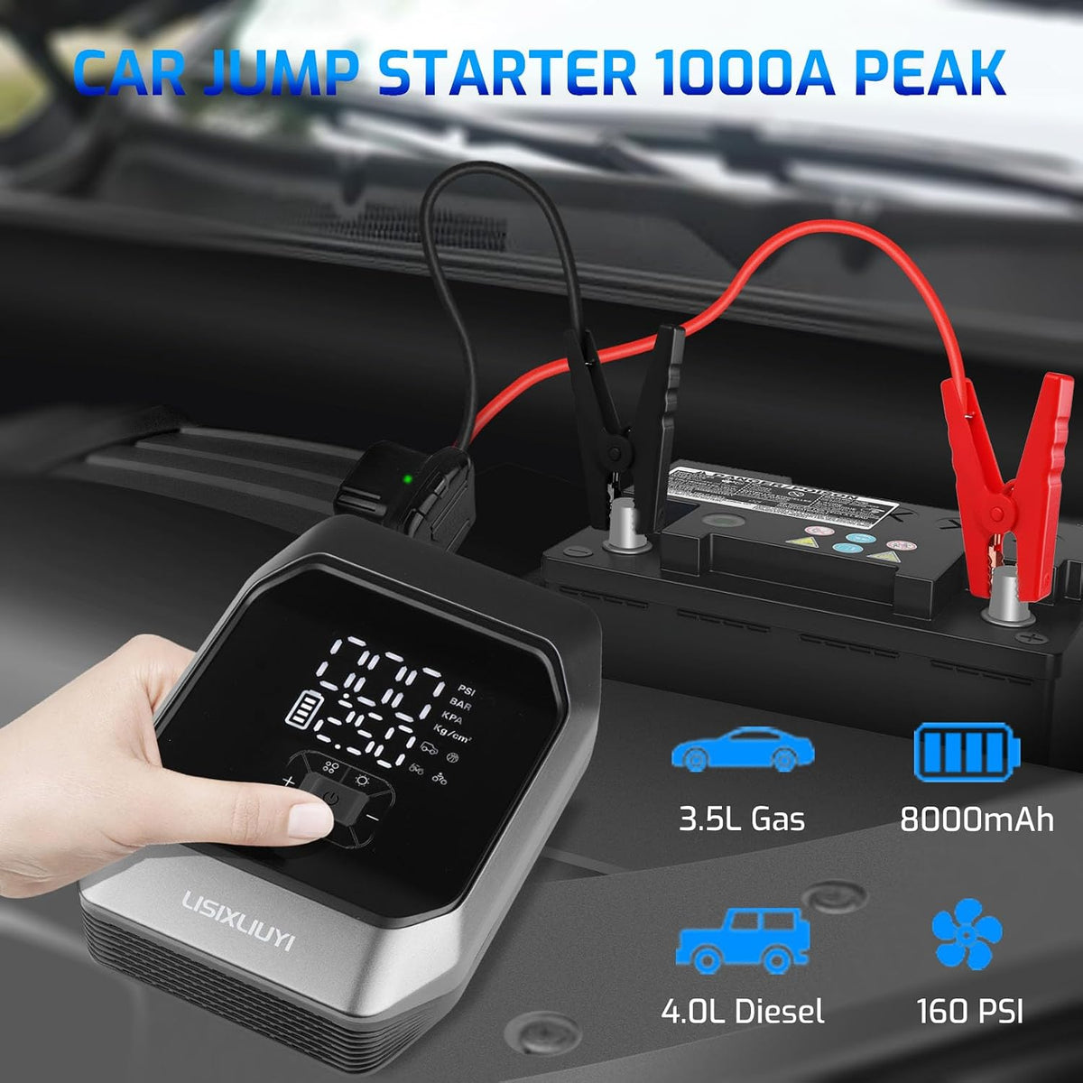 Car Jump Starter with Air Compressor 1000A Peak Auto Battery Booster Pack