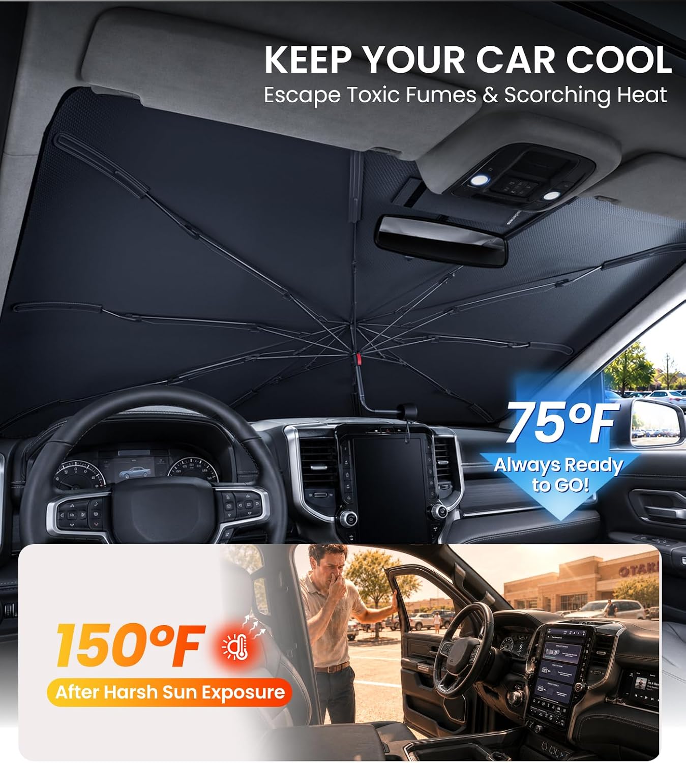 Zanch Windshield Sun Shade Umbrella: 1:1 Custom Fit for Ram 1500 2011-2026 [99% UV Protection, Up to 75℉ Cooler] Reflective Heat Shield, Built to Last, No Scratches, Foldable Front Sunshade Umbrella