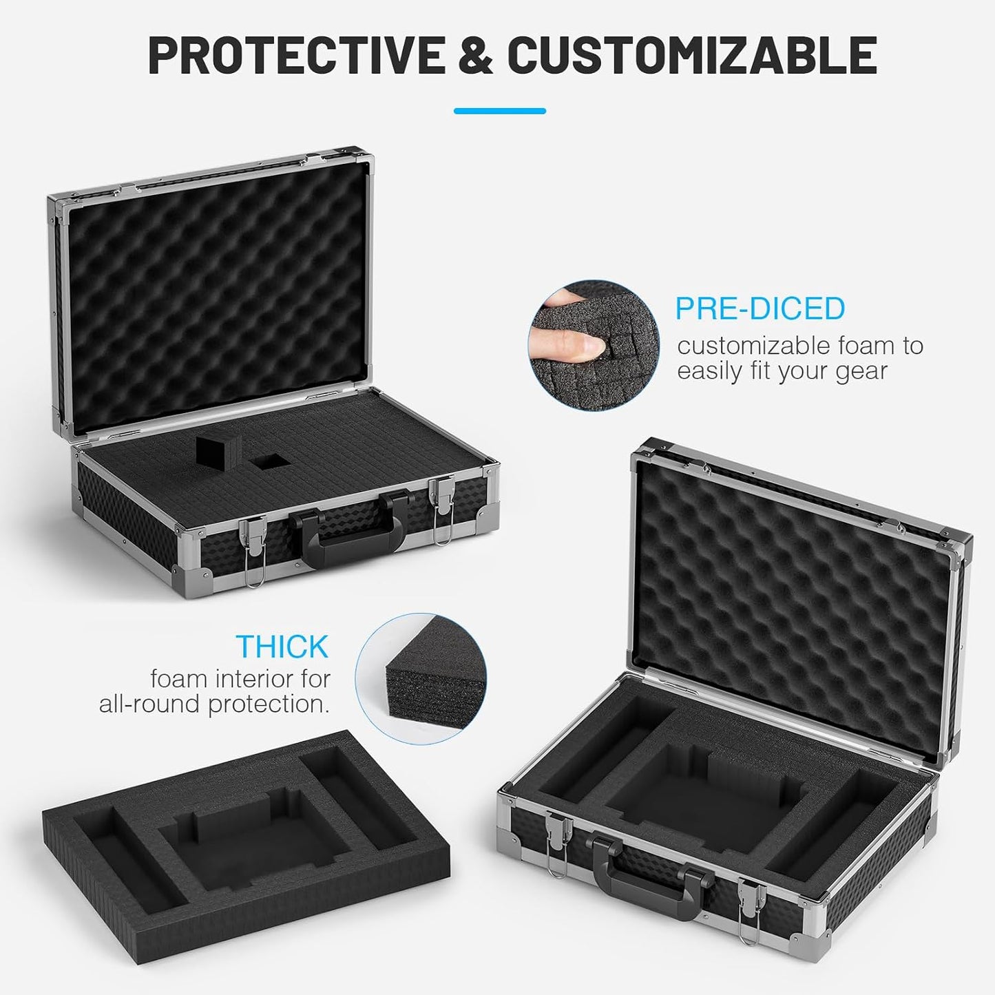 Phenyx Pro Medium Size Carrying Case, Customizable Pre-Diced Foam, Aluminum Alloy Sturdy Build, Suitable for Wireless Mic System Storage & Camera Gear Transportation