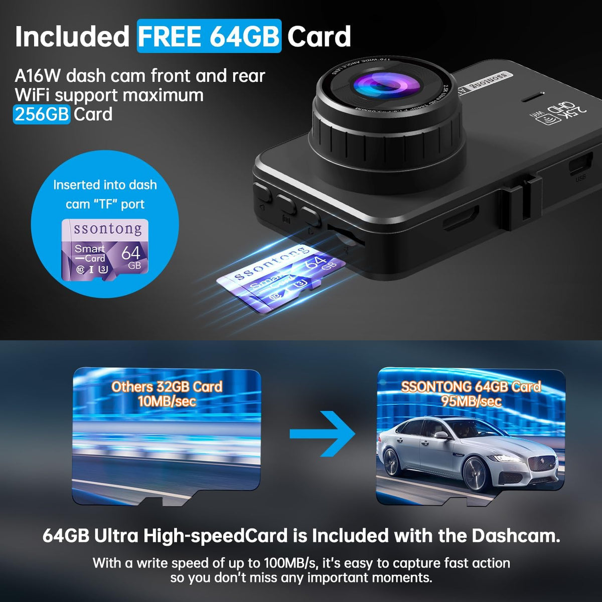 Dash Cam Front and Rear, 2.5K Front 1080P Rear WiFi App Control w/64GB Card